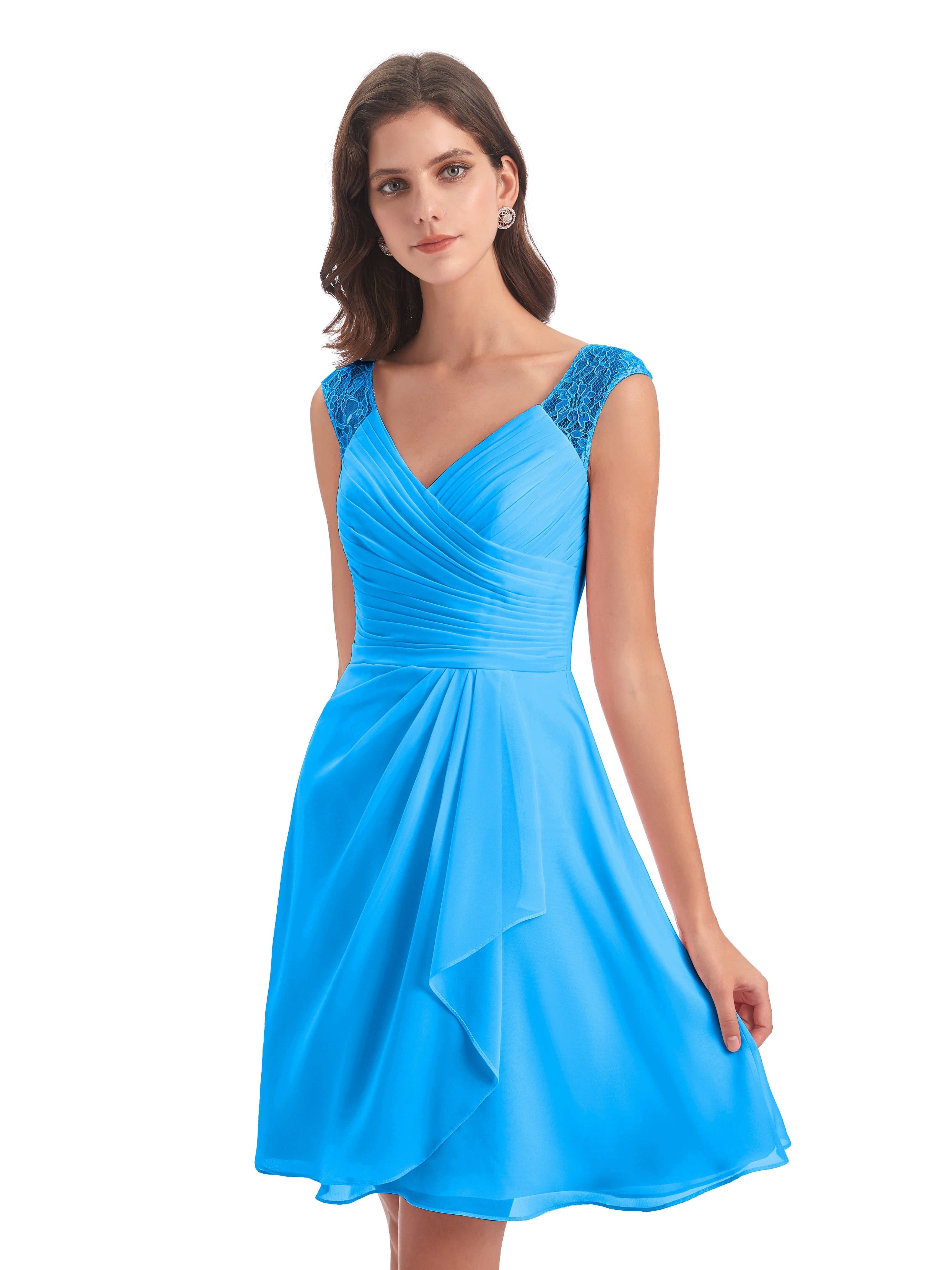Robes De Demoiselle D'Honneur Bleu Océan Courte Dentelle/Mousseline Robes Demoiselle D'Honneur Avec Plissé