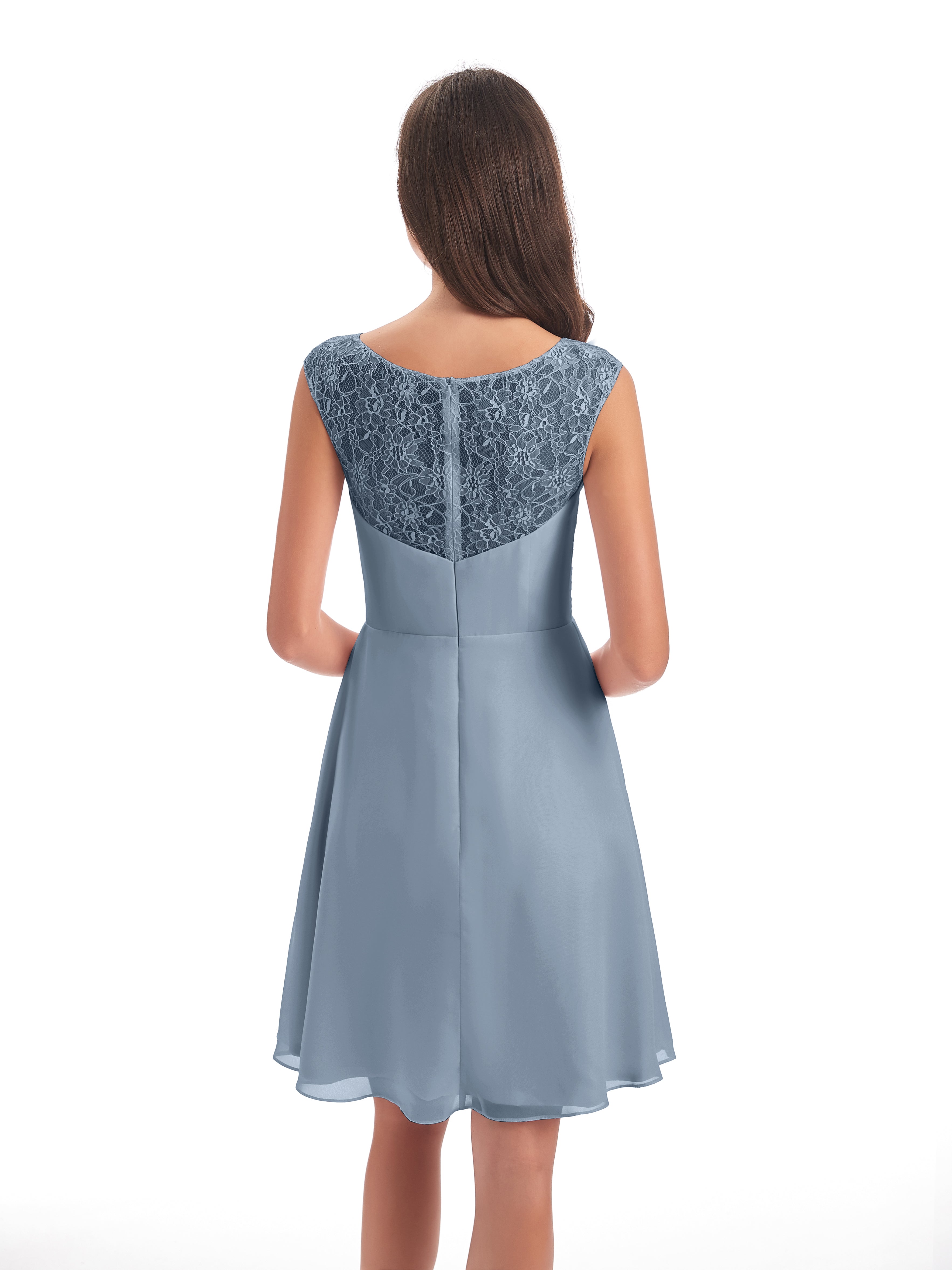 Robes De Demoiselle D'Honneur Bleu Poussiéreux Courte Dentelle/Mousseline Robes Demoiselle D'Honneur Avec Plissé