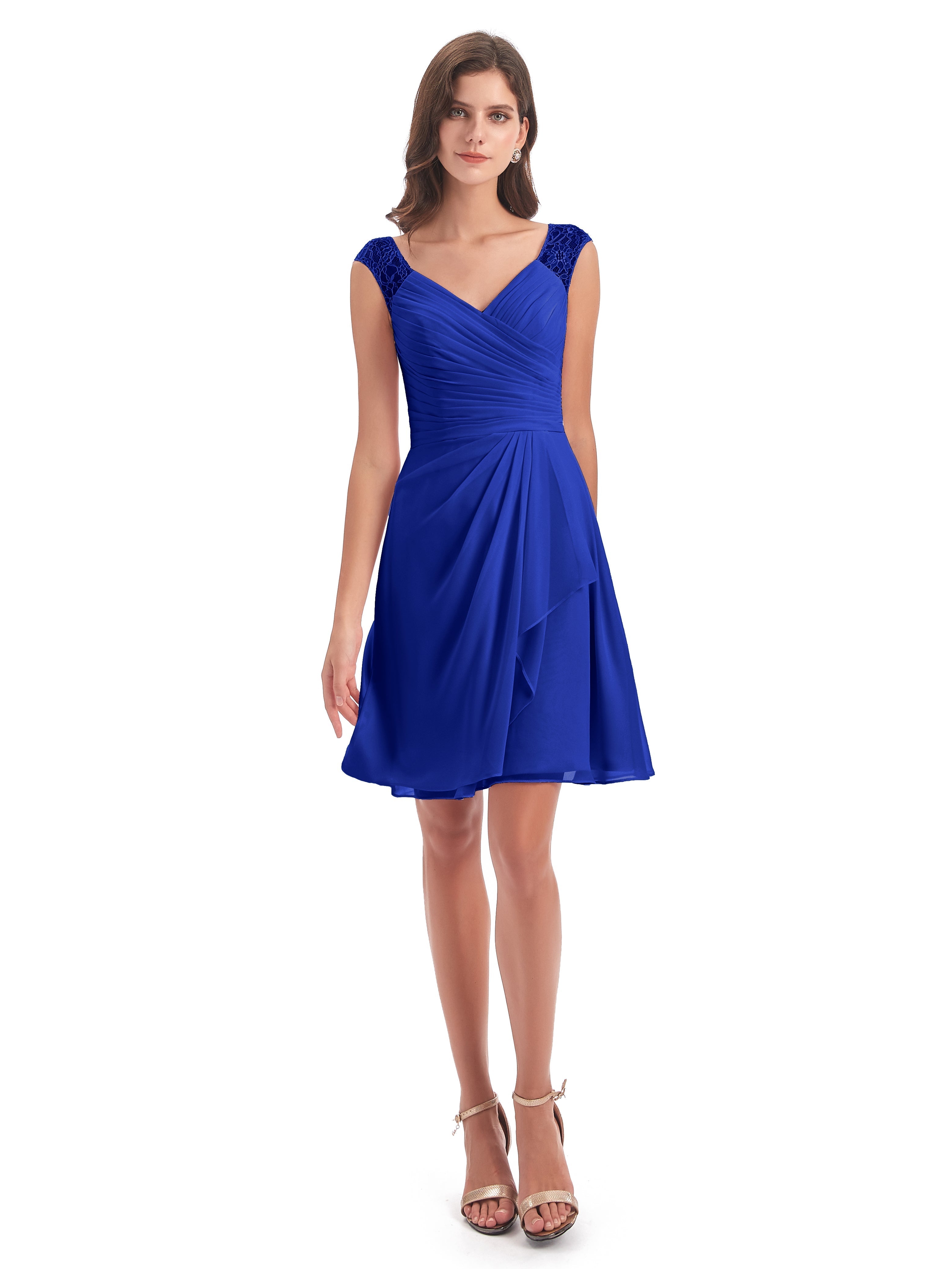 Robe De Demoiselle D Honneur Bleu Royal Courte Dentelle/Mousseline Robes Demoiselle D'Honneur Avec Plissé