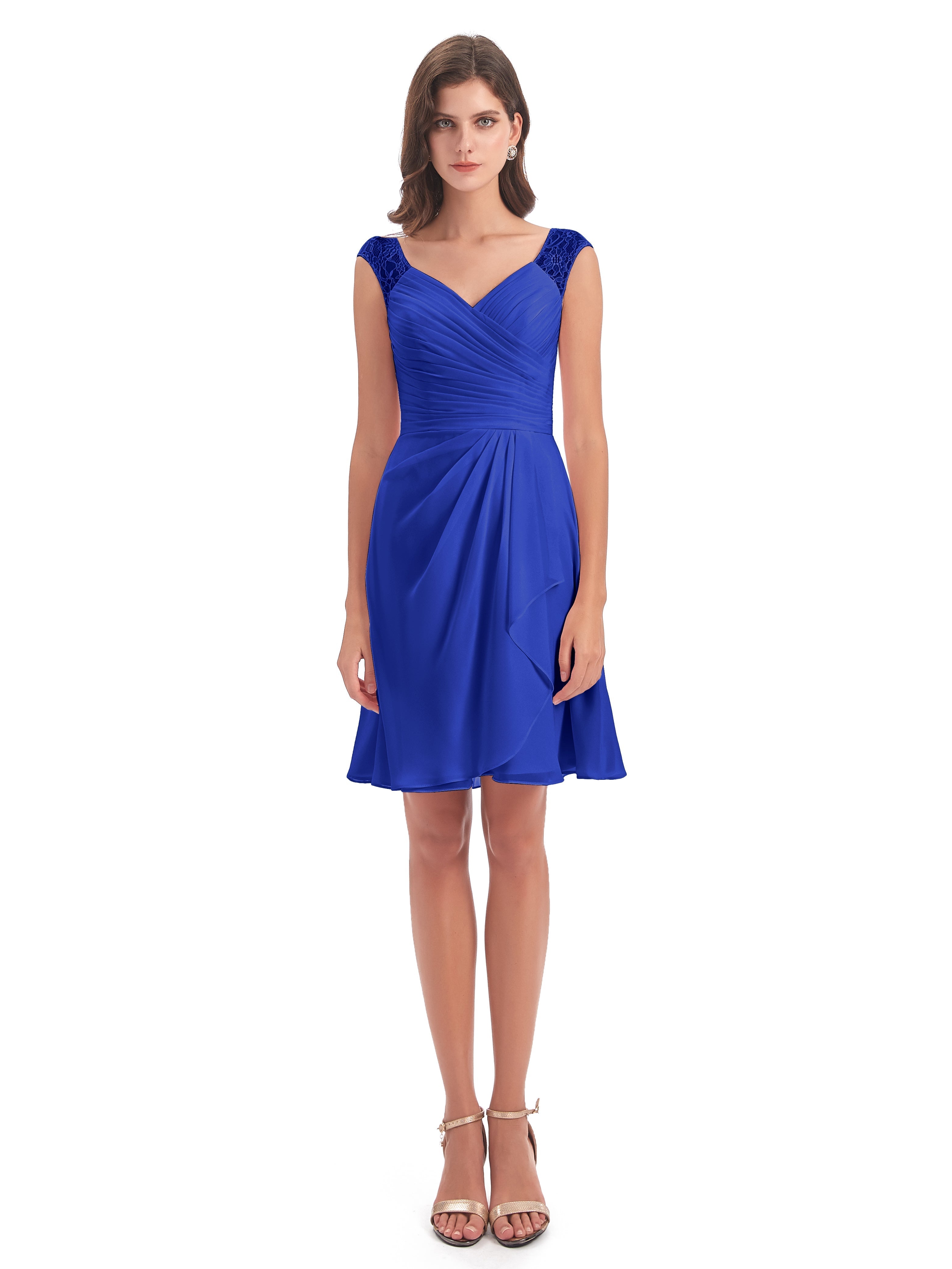 Robe De Demoiselle D Honneur Bleu Royal Courte Dentelle/Mousseline Robes Demoiselle D'Honneur Avec Plissé