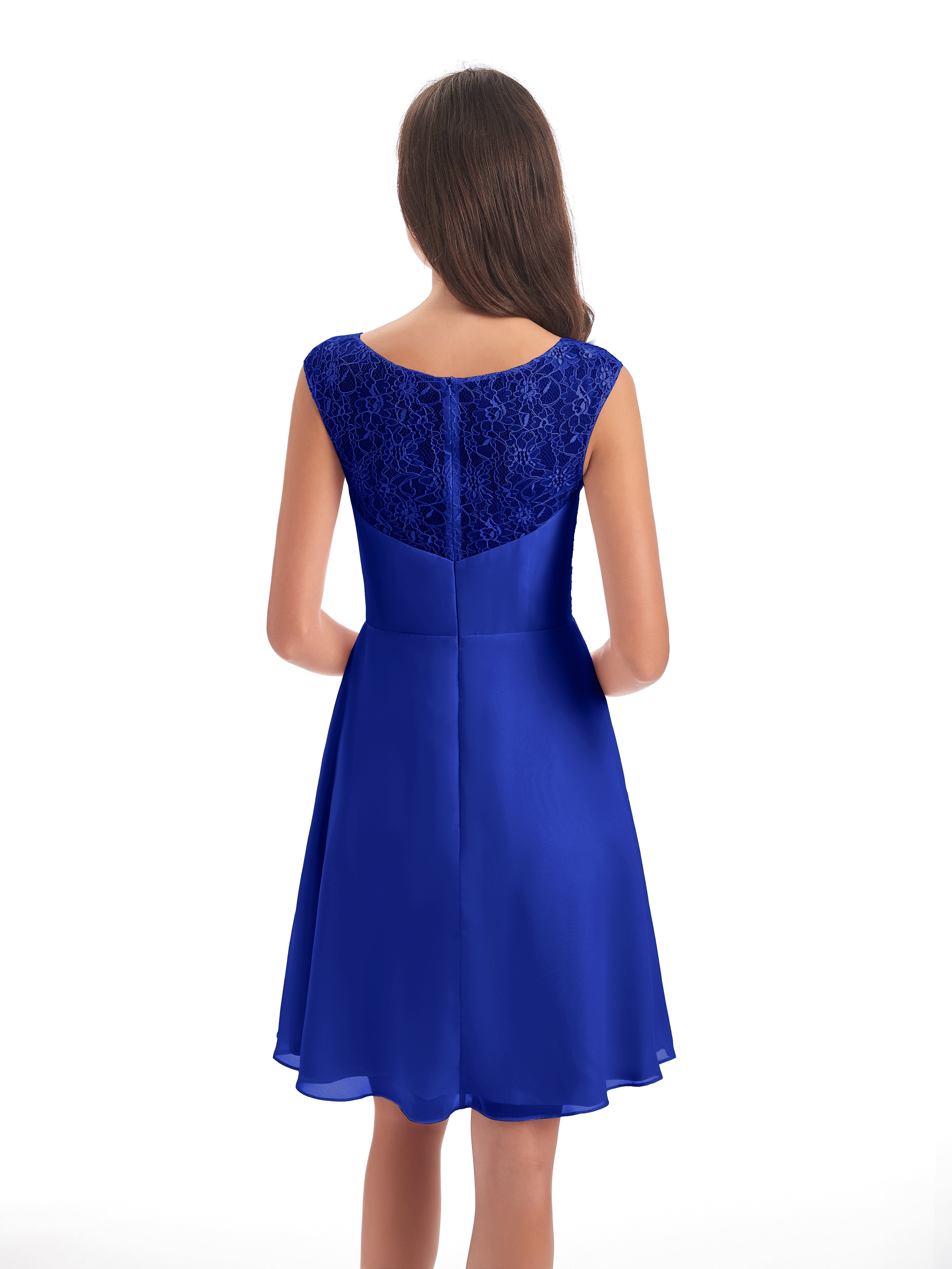 Robe De Demoiselle D Honneur Bleu Royal Courte Dentelle/Mousseline Robes Demoiselle D'Honneur Avec Plissé