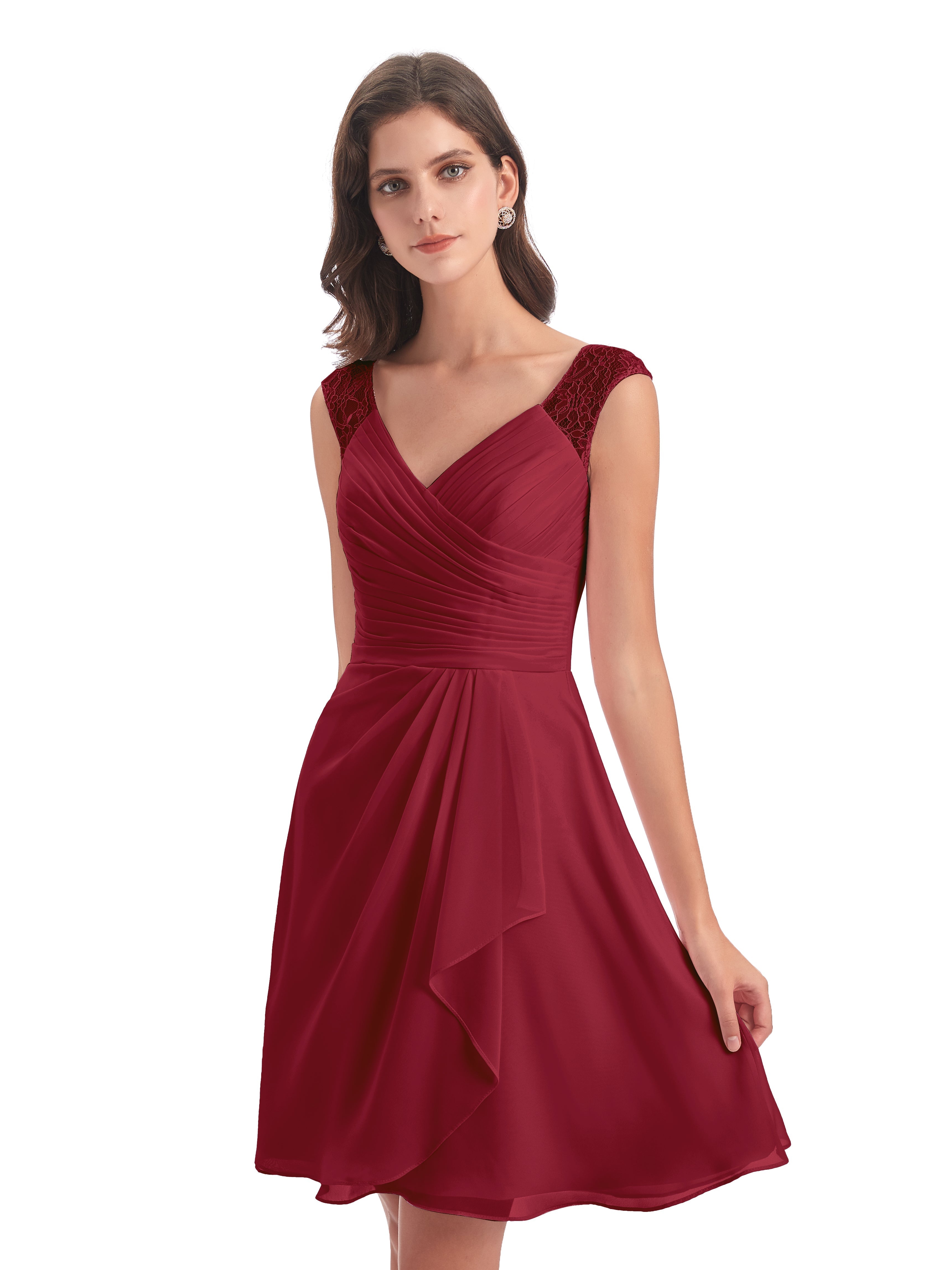 Robe Demoiselle D Honneur Bordeaux Courte Dentelle/Mousseline Robes Demoiselle D'Honneur Avec Plissé