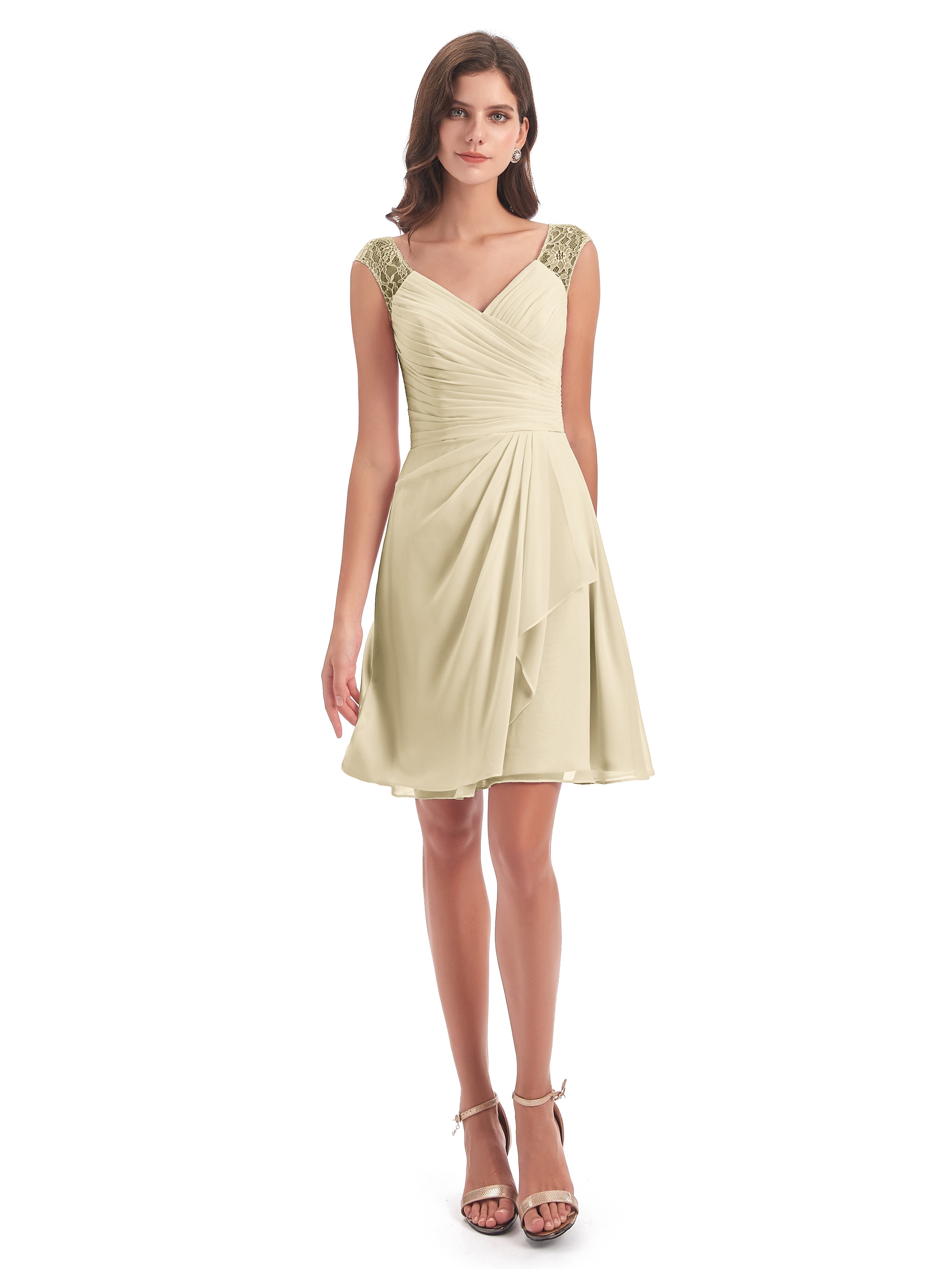 Robe Demoiselle D Honneur Couleur Champagne Courte Dentelle/Mousseline Robes Demoiselle D'Honneur Avec Plissé