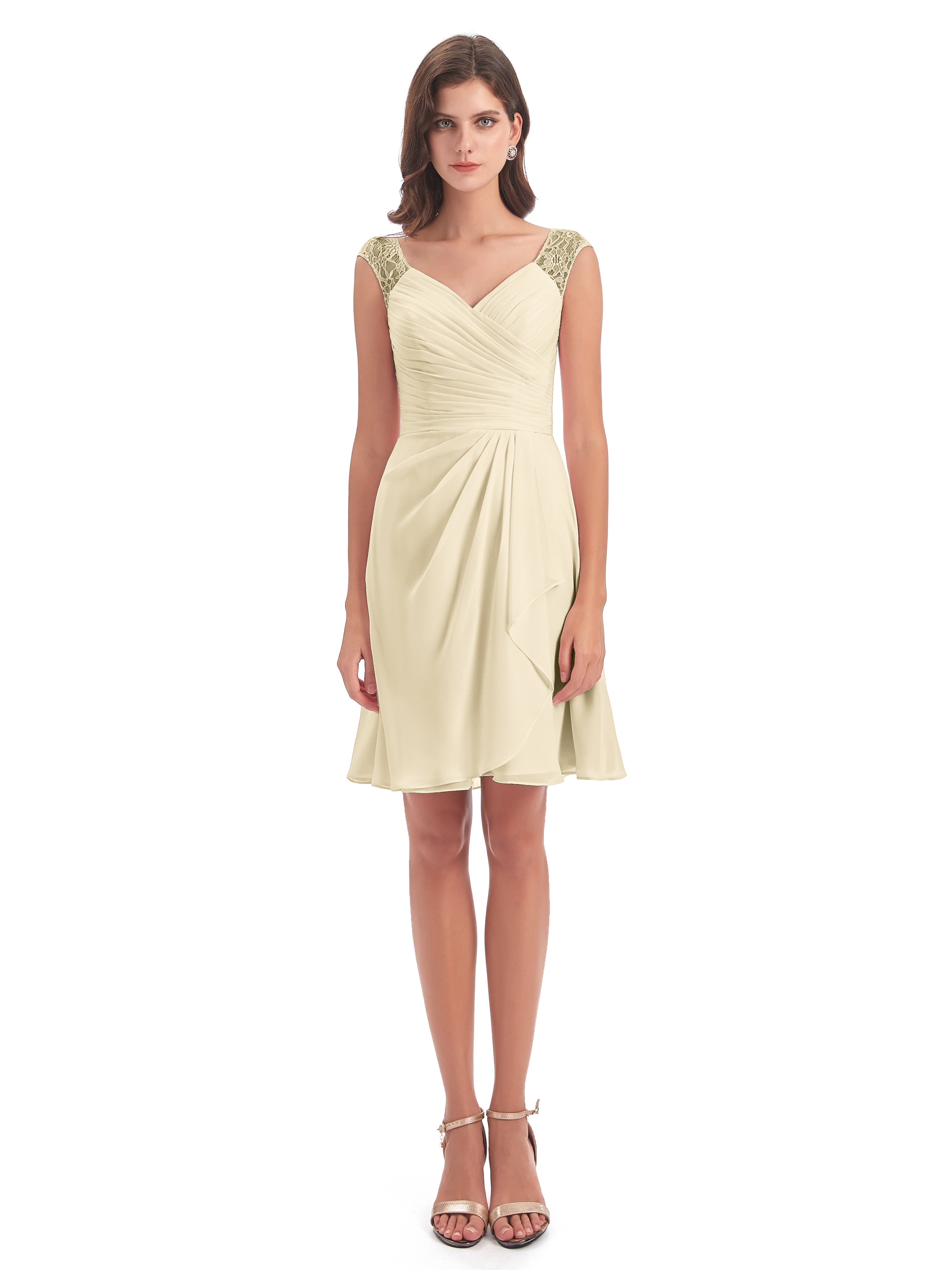 Robe Demoiselle D Honneur Couleur Champagne Courte Dentelle/Mousseline Robes Demoiselle D'Honneur Avec Plissé