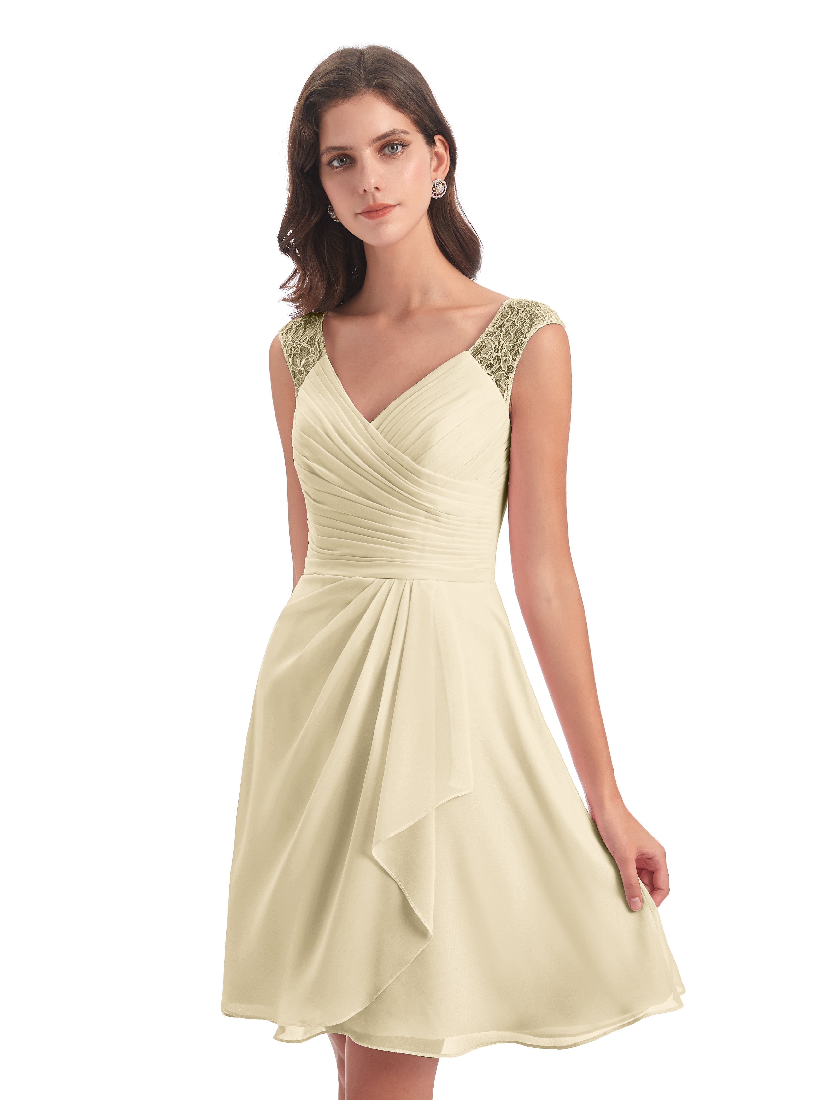 Robe Demoiselle D Honneur Couleur Champagne Courte Dentelle/Mousseline Robes Demoiselle D'Honneur Avec Plissé