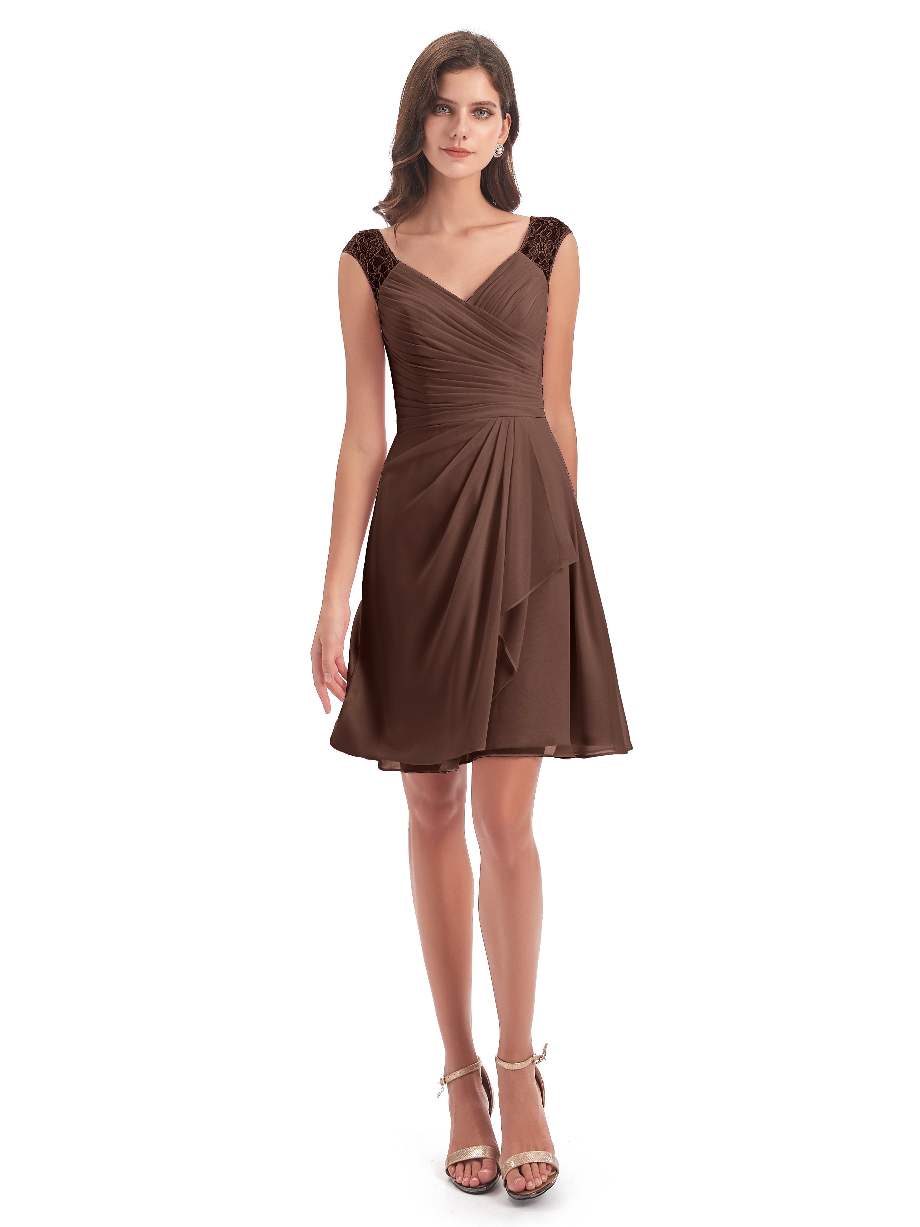Robes De Demoiselle D'Honneur En Chocolat Courte Dentelle/Mousseline Robes Demoiselle D'Honneur Avec Plissé