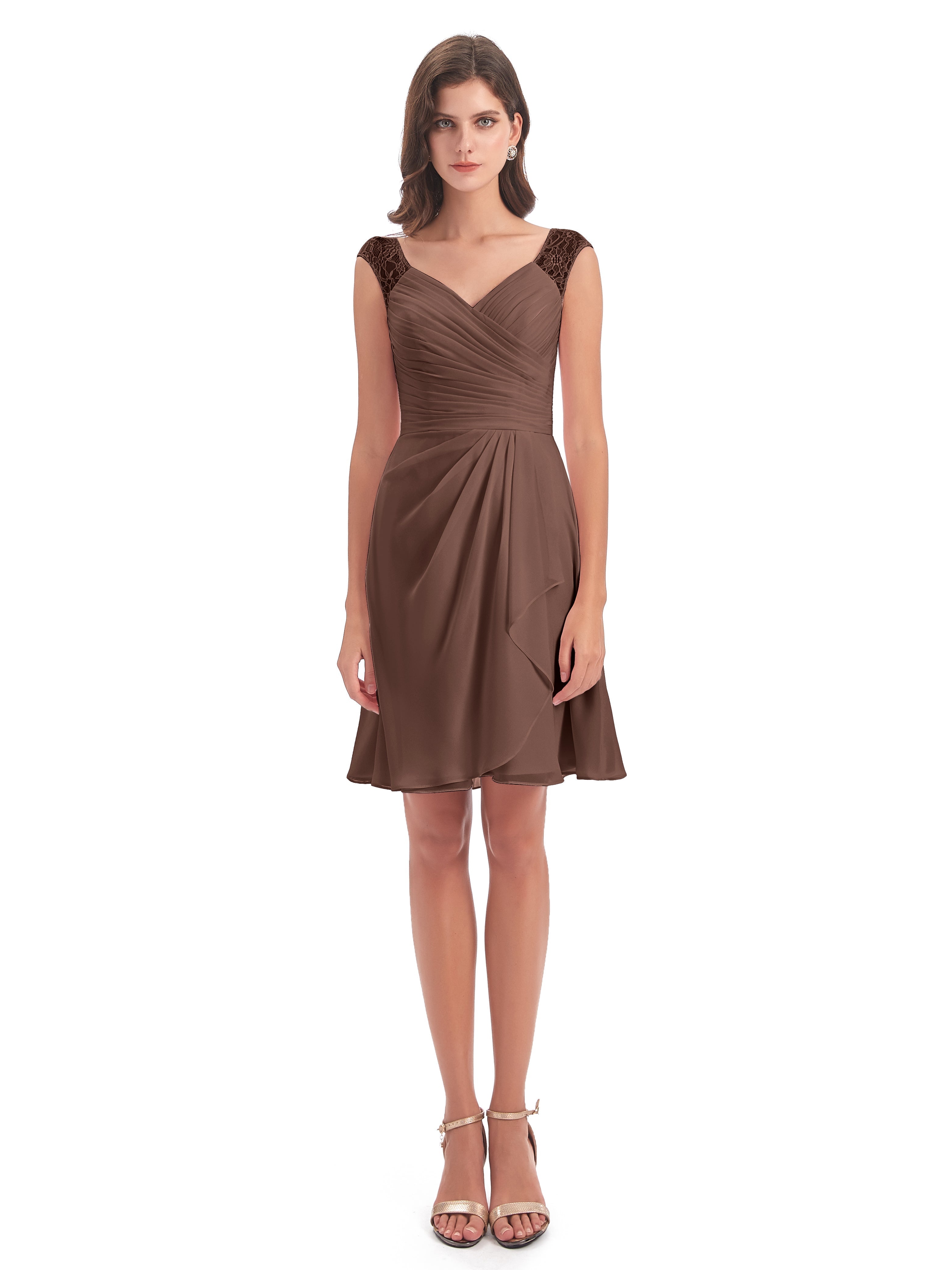 Robes De Demoiselle D'Honneur En Chocolat Courte Dentelle/Mousseline Robes Demoiselle D'Honneur Avec Plissé