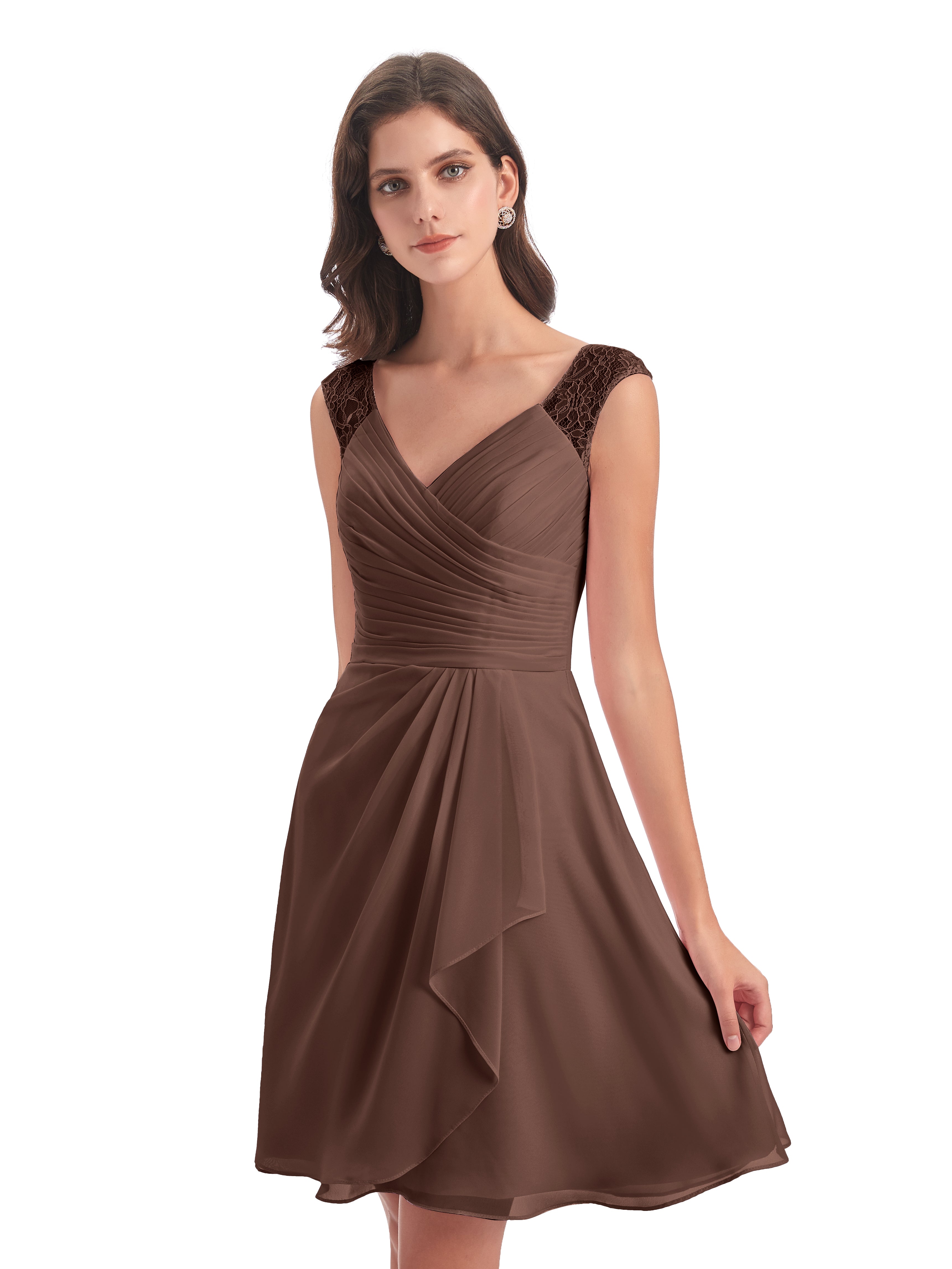 Robes De Demoiselle D'Honneur En Chocolat Courte Dentelle/Mousseline Robes Demoiselle D'Honneur Avec Plissé