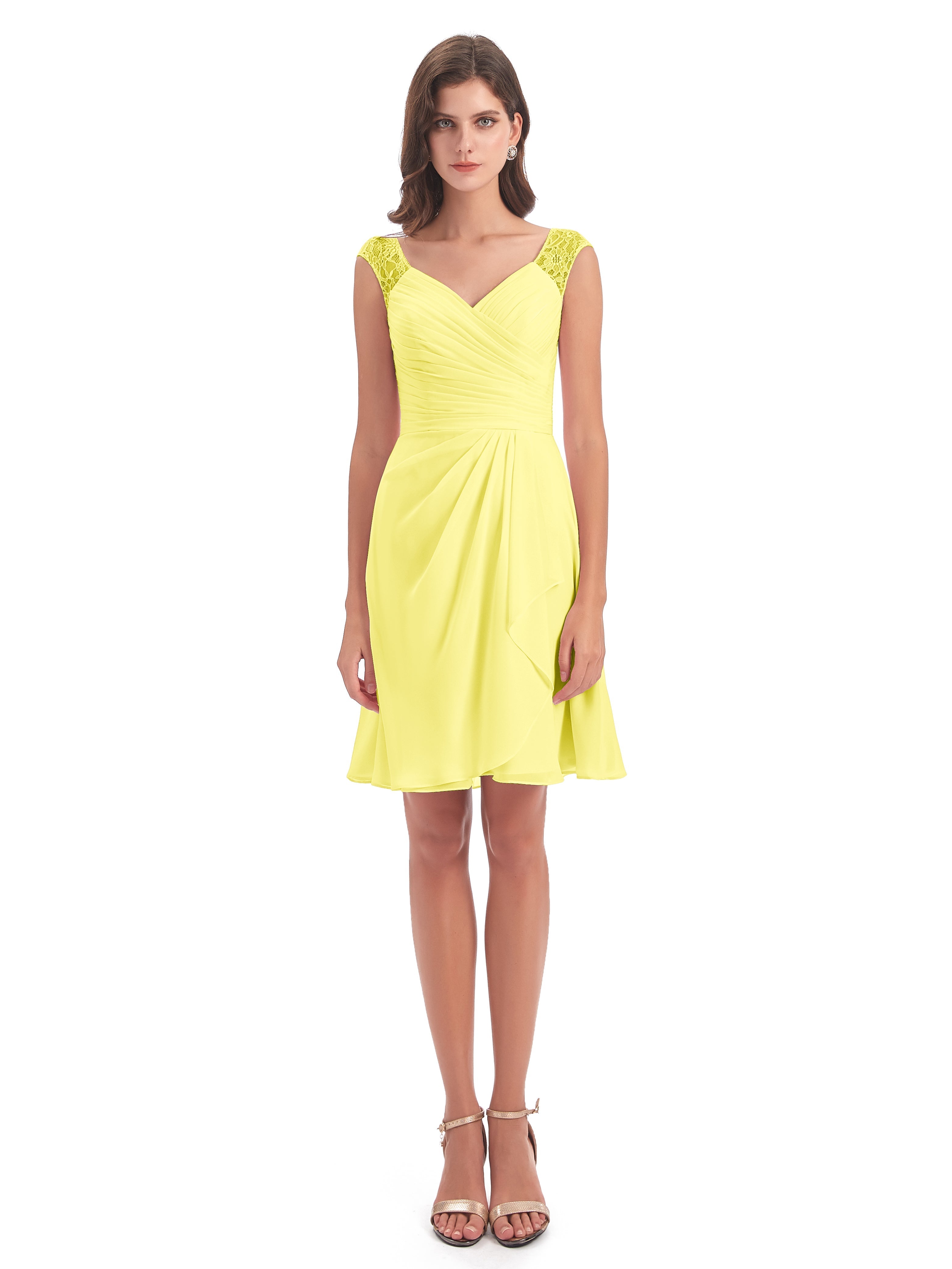 Robes De Demoiselle D'Honneur Citron Courte Dentelle/Mousseline Robes Demoiselle D'Honneur Avec Plissé