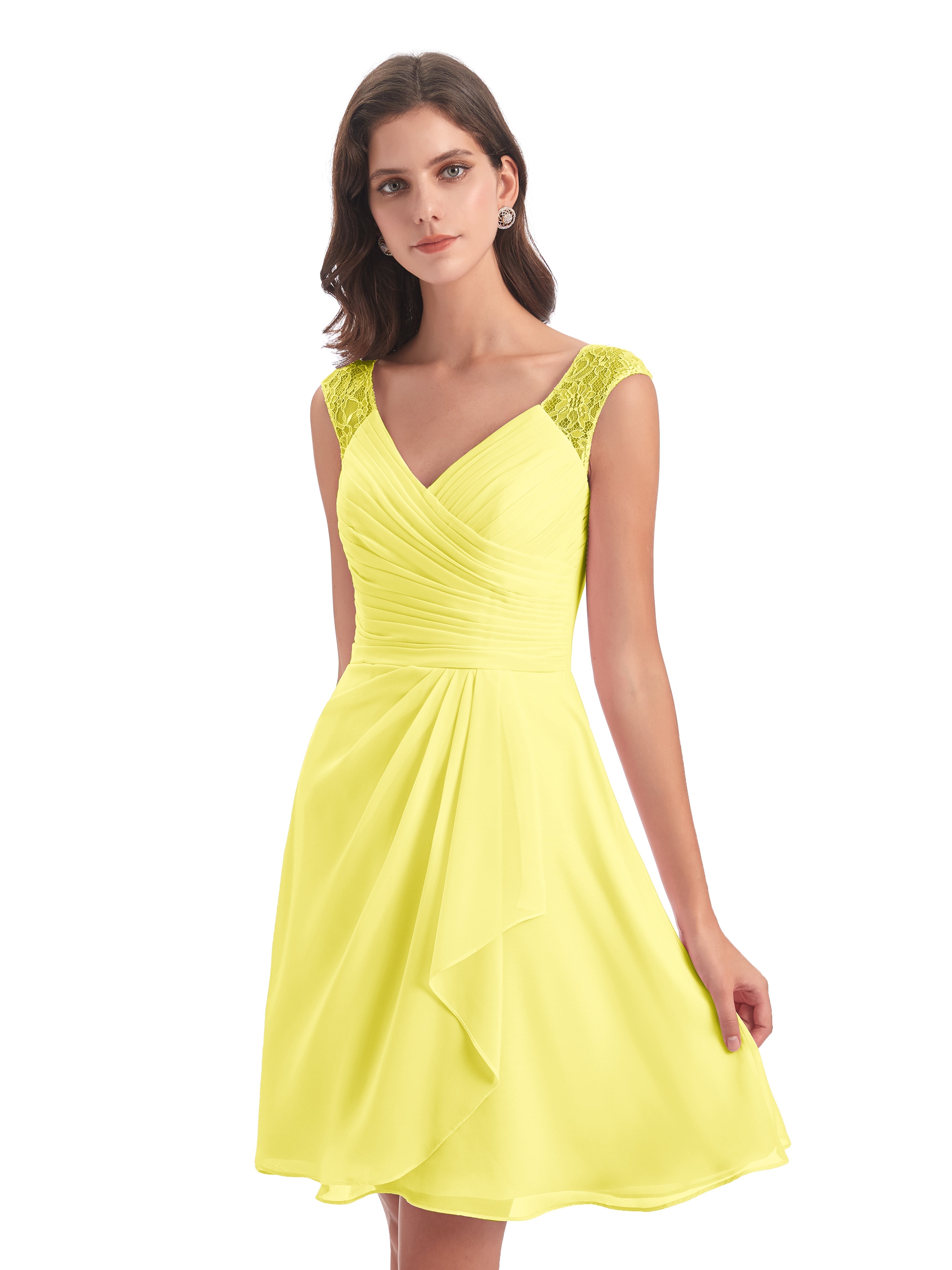 Robes De Demoiselle D'Honneur Citron Courte Dentelle/Mousseline Robes Demoiselle D'Honneur Avec Plissé
