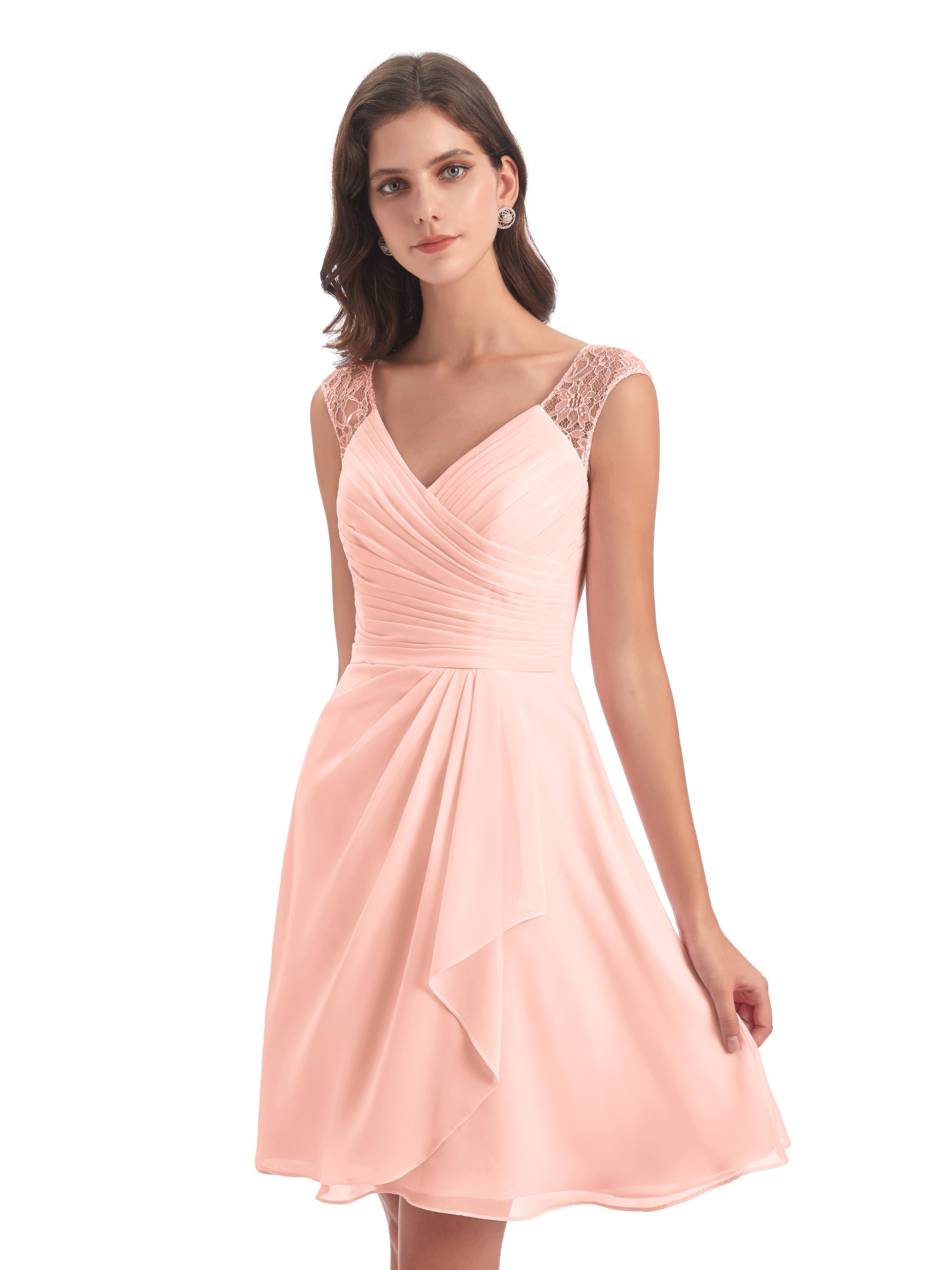 Robe Demoiselle D Honneur Couleur Corail Courte Dentelle/Mousseline Robes Demoiselle D'Honneur Avec Plissé