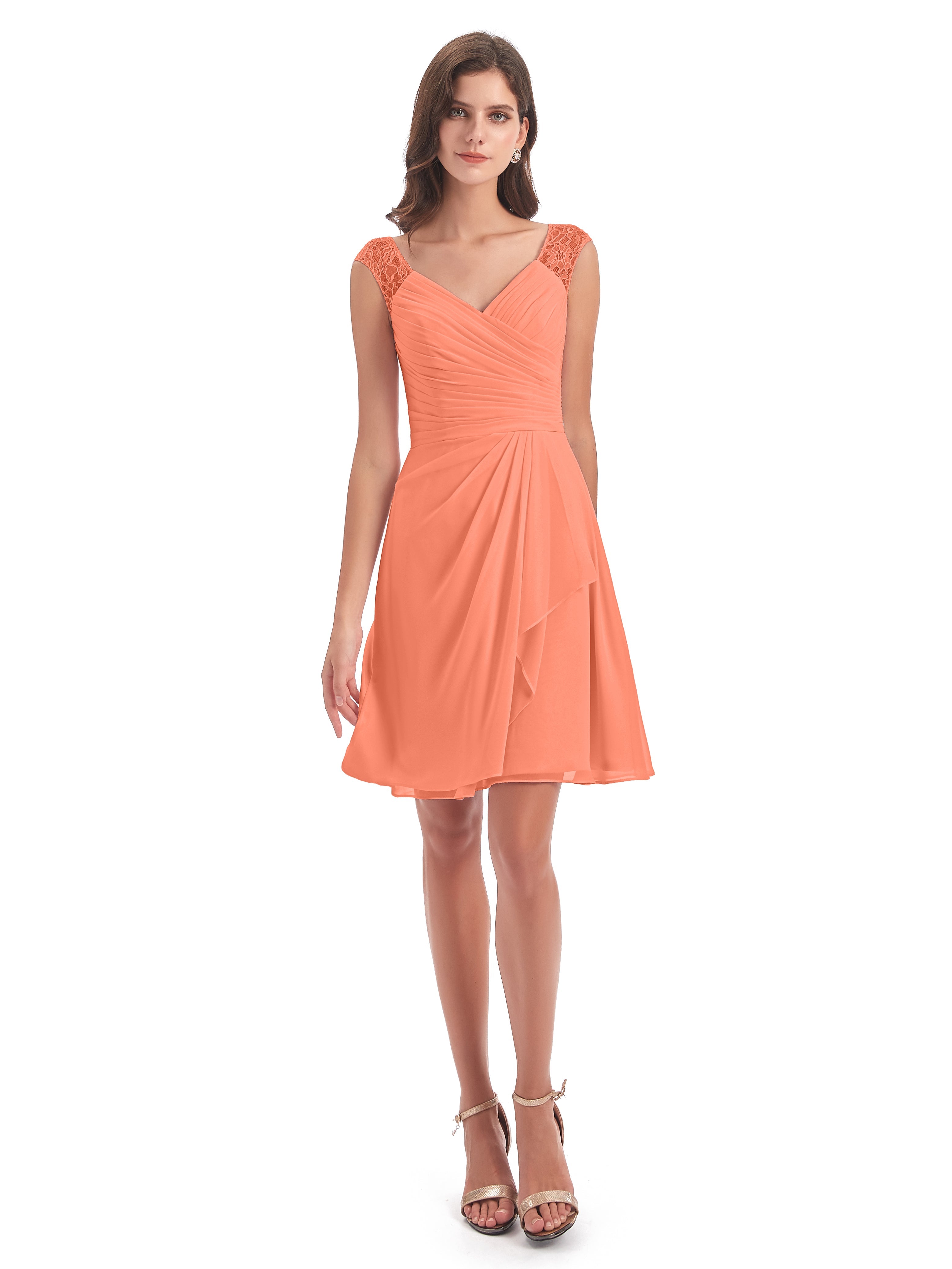 Robes De Demoiselle D'Honneur Coucher De Soleil Courte Dentelle/Mousseline Robes Demoiselle D'Honneur Avec Plissé