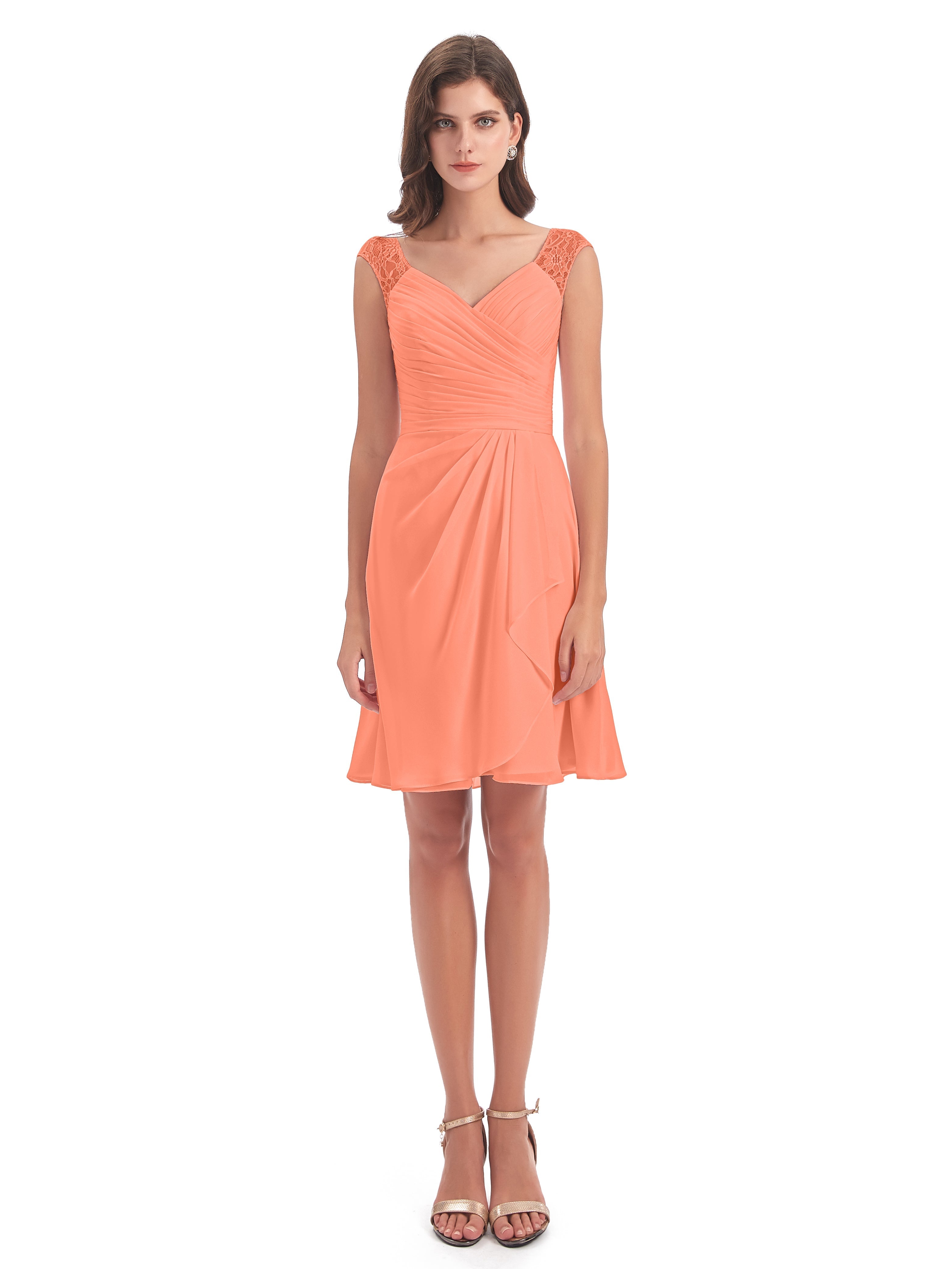 Robes De Demoiselle D'Honneur Coucher De Soleil Courte Dentelle/Mousseline Robes Demoiselle D'Honneur Avec Plissé
