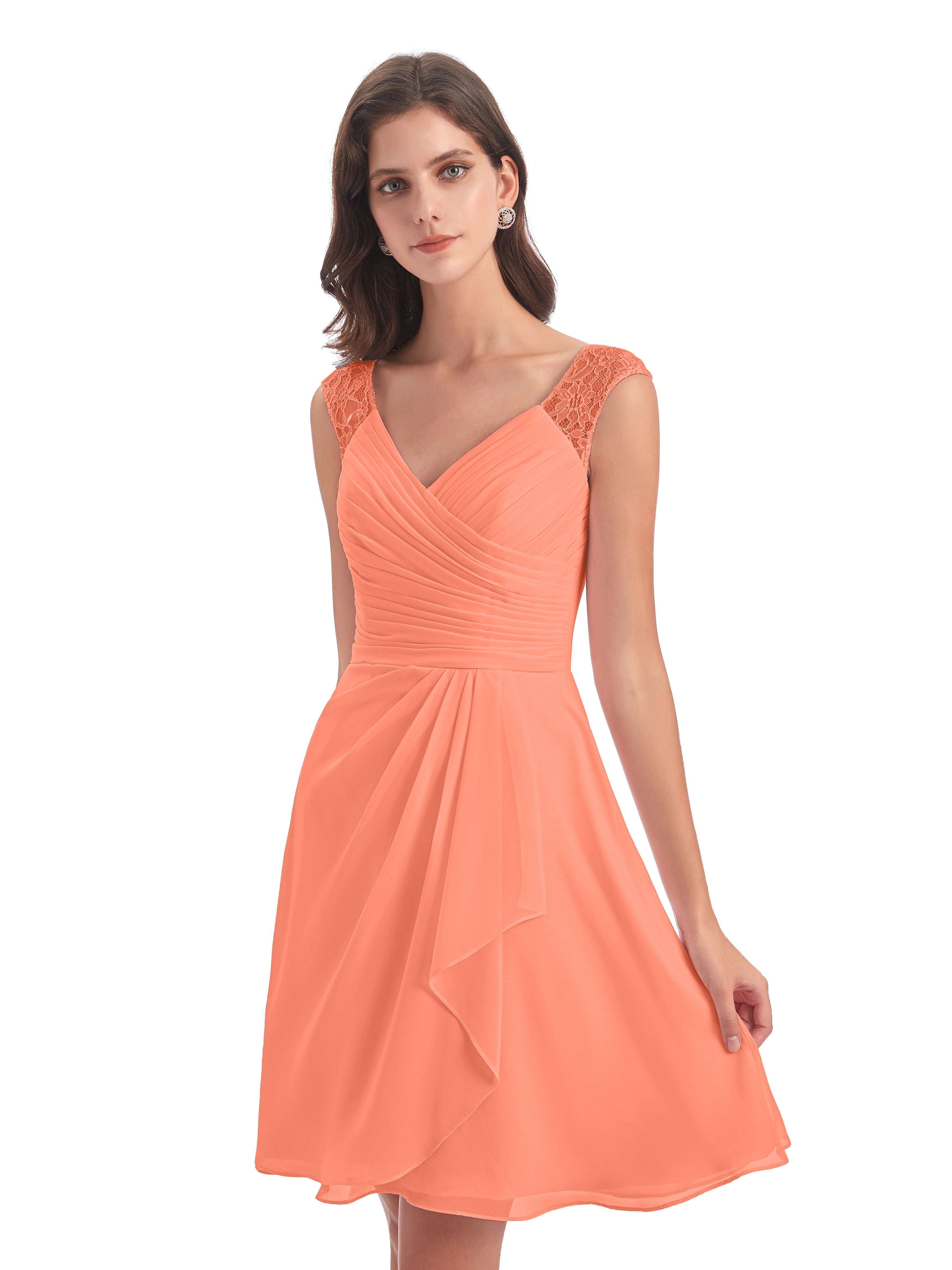 Robes De Demoiselle D'Honneur Coucher De Soleil Courte Dentelle/Mousseline Robes Demoiselle D'Honneur Avec Plissé