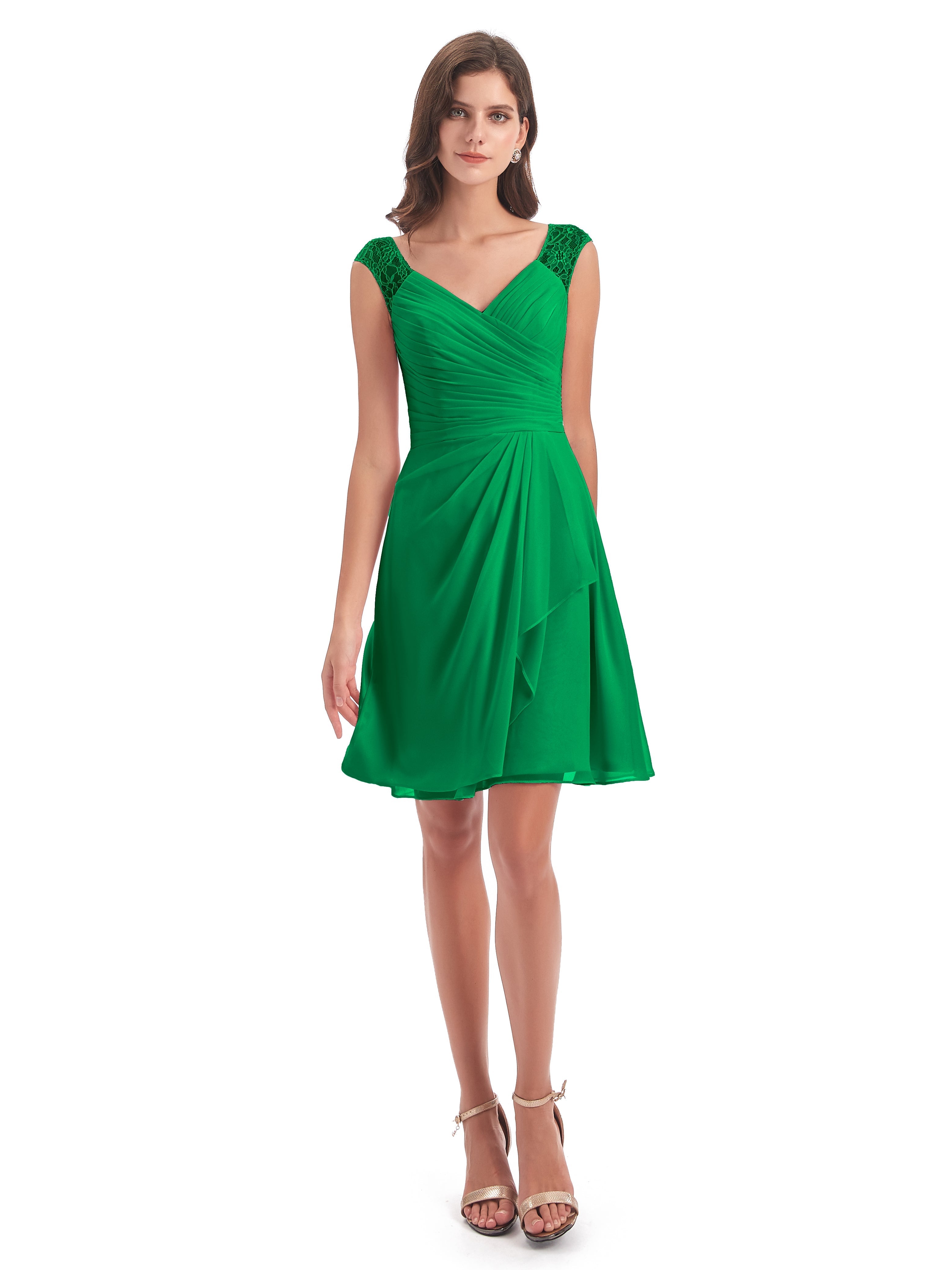 Robe Demoiselle D Honneur Vert Émeraude Courte Dentelle/Mousseline Robes Demoiselle D'Honneur Avec Plissé