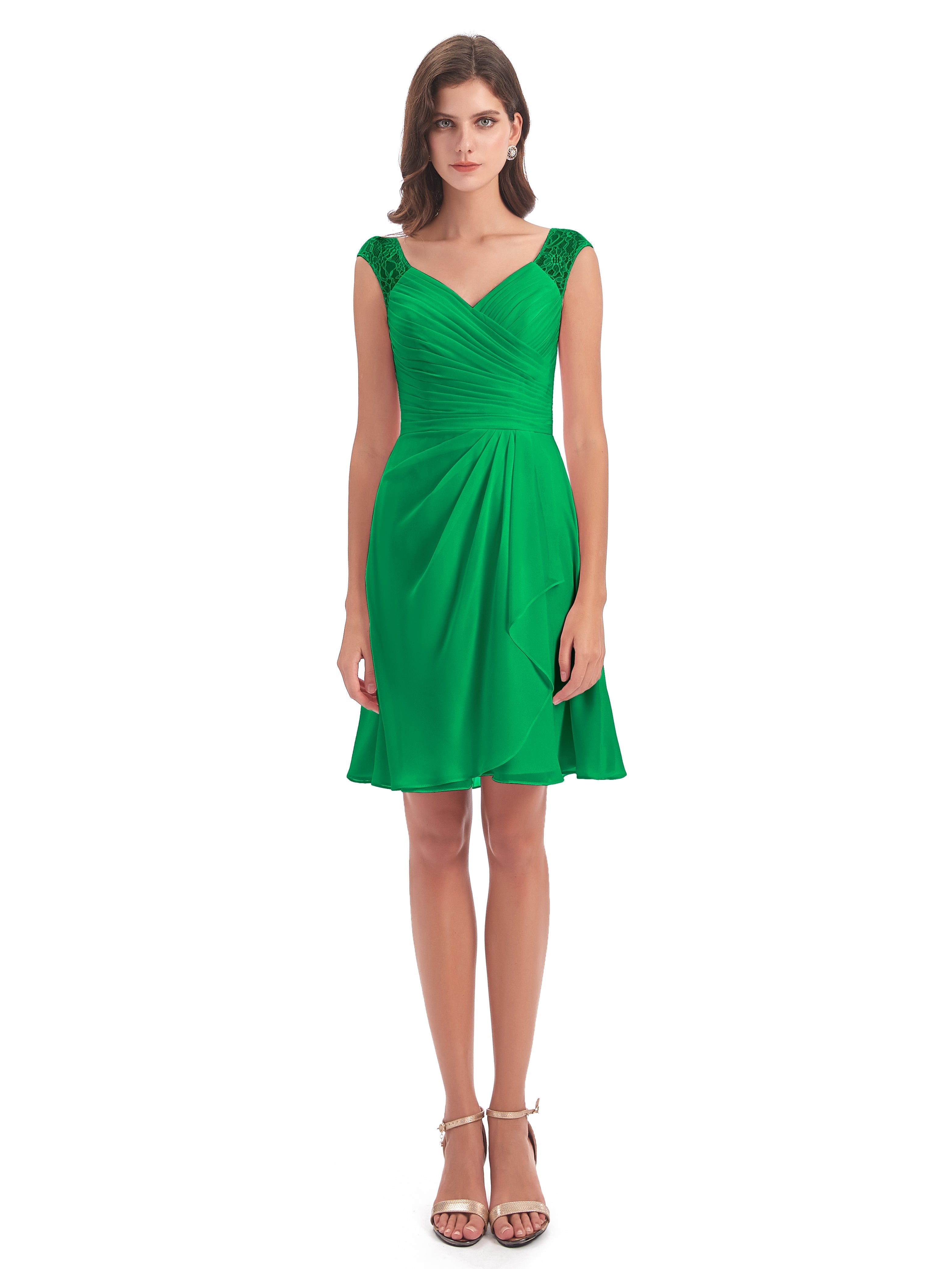 Robe Demoiselle D Honneur Vert Émeraude Courte Dentelle/Mousseline Robes Demoiselle D'Honneur Avec Plissé