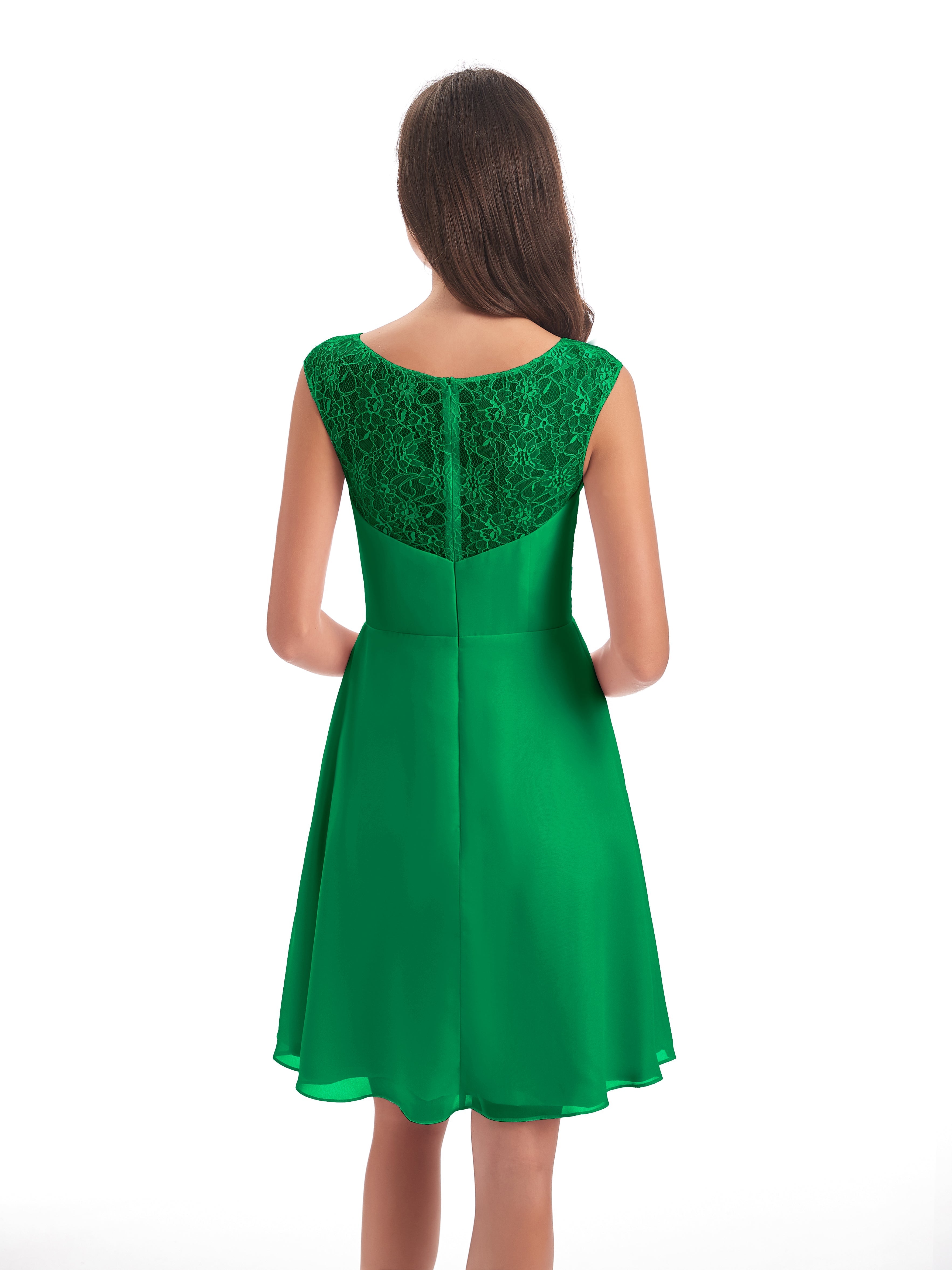 Robe Demoiselle D Honneur Vert Émeraude Courte Dentelle/Mousseline Robes Demoiselle D'Honneur Avec Plissé