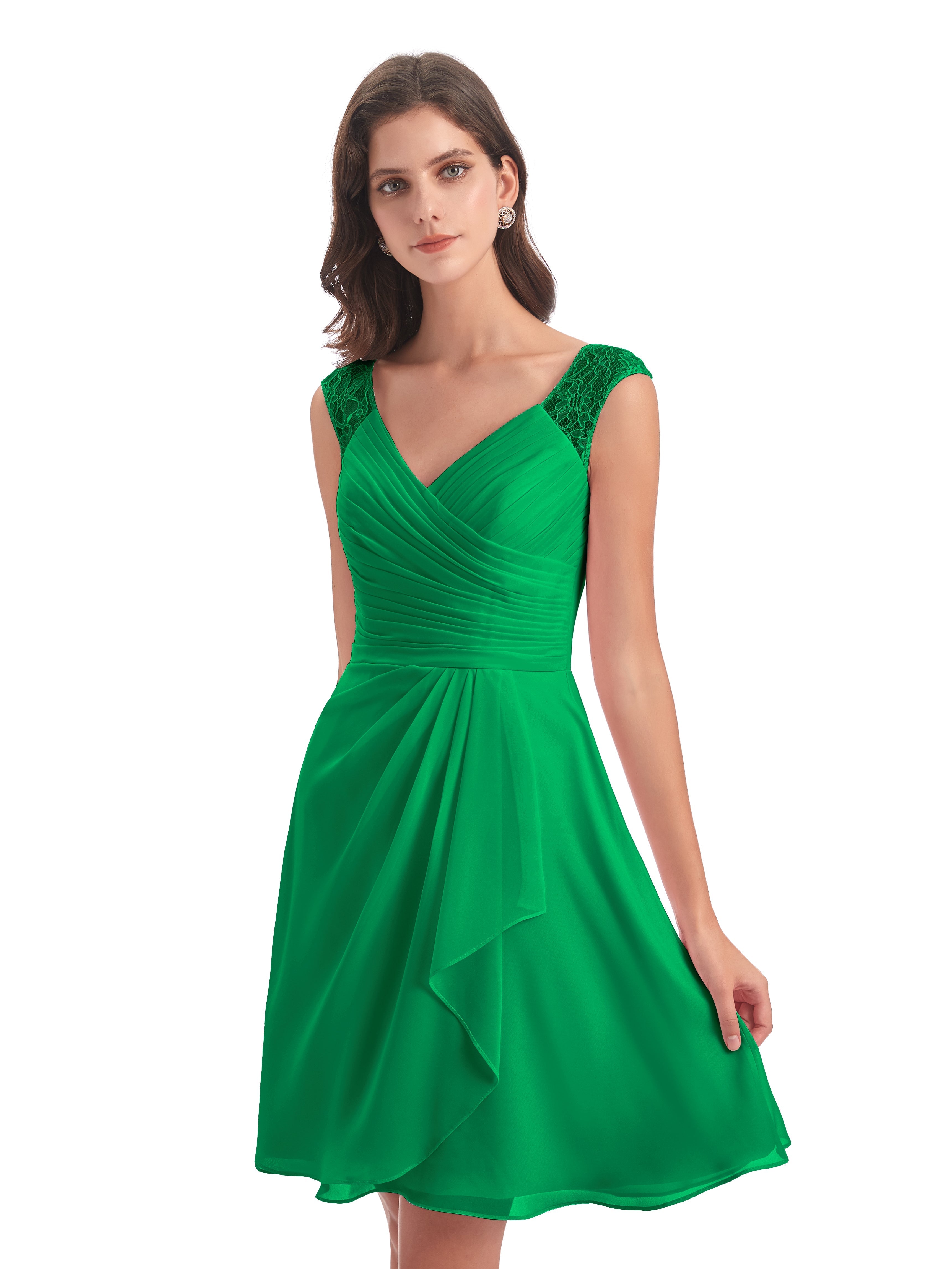 Robe Demoiselle D Honneur Vert Émeraude Courte Dentelle/Mousseline Robes Demoiselle D'Honneur Avec Plissé