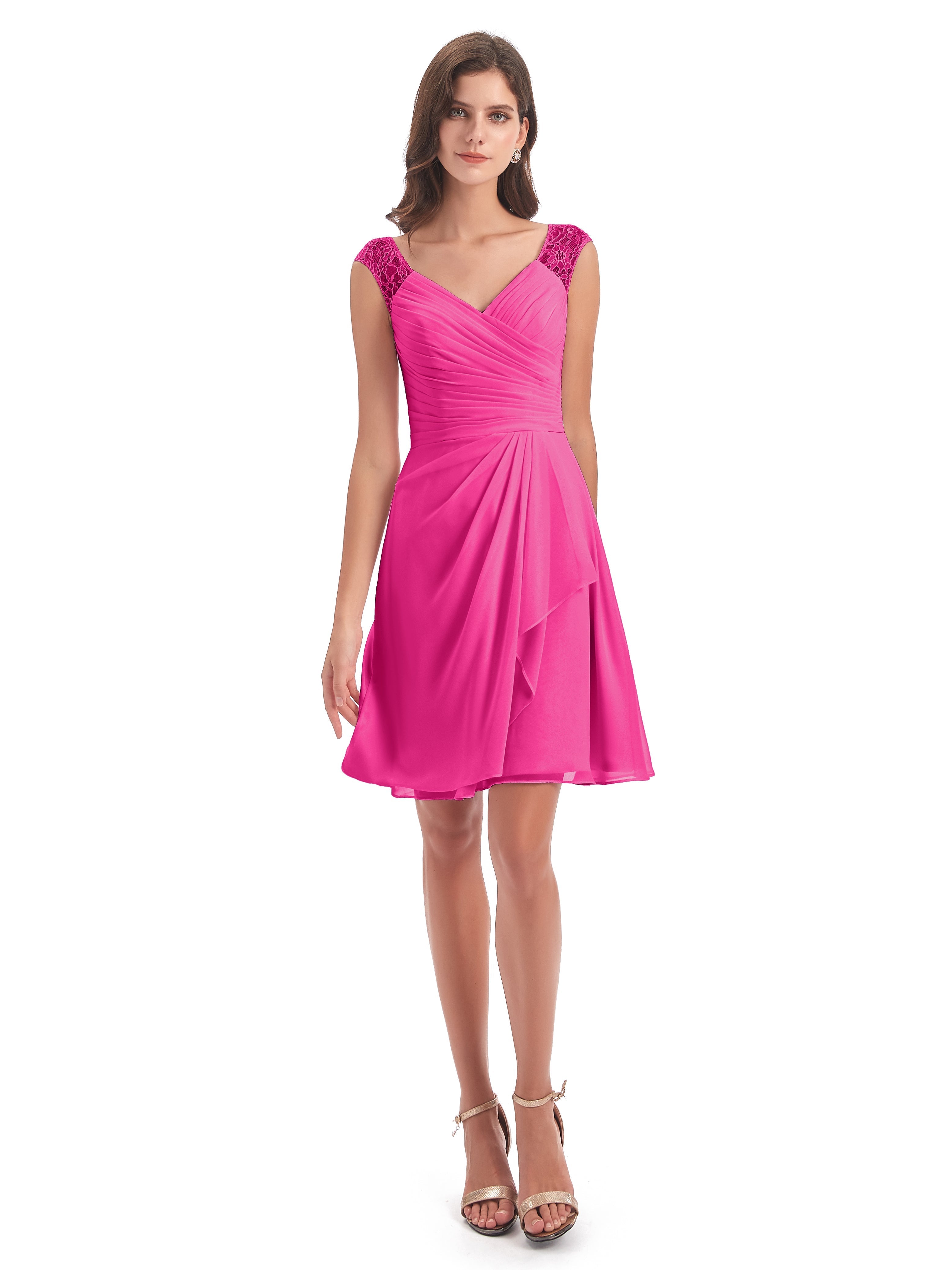 Robe Demoiselle D Honneur Rose Fuchsia Courte Dentelle/Mousseline Robes Demoiselle D'Honneur Avec Plissé