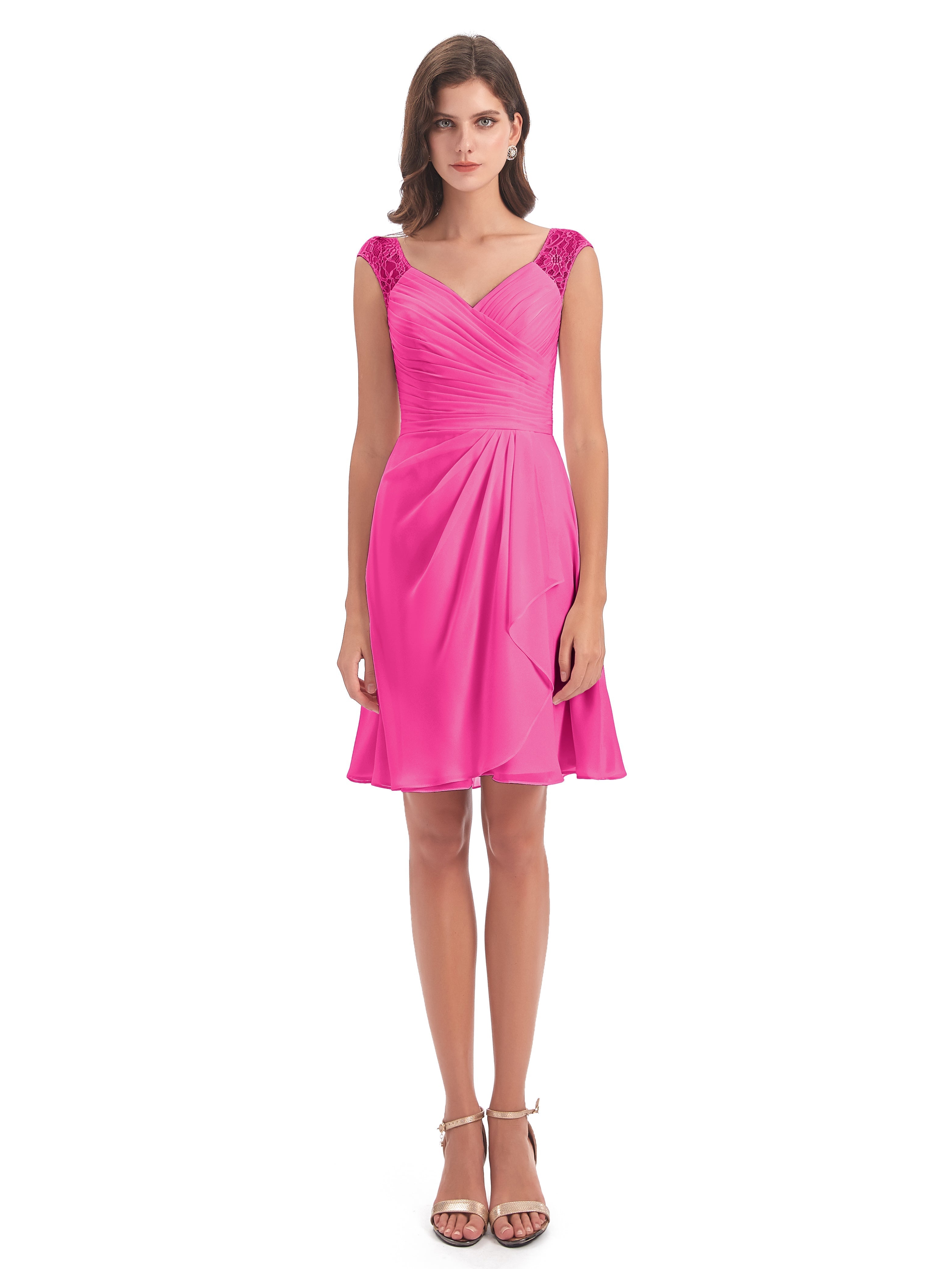 Robe Demoiselle D Honneur Rose Fuchsia Courte Dentelle/Mousseline Robes Demoiselle D'Honneur Avec Plissé