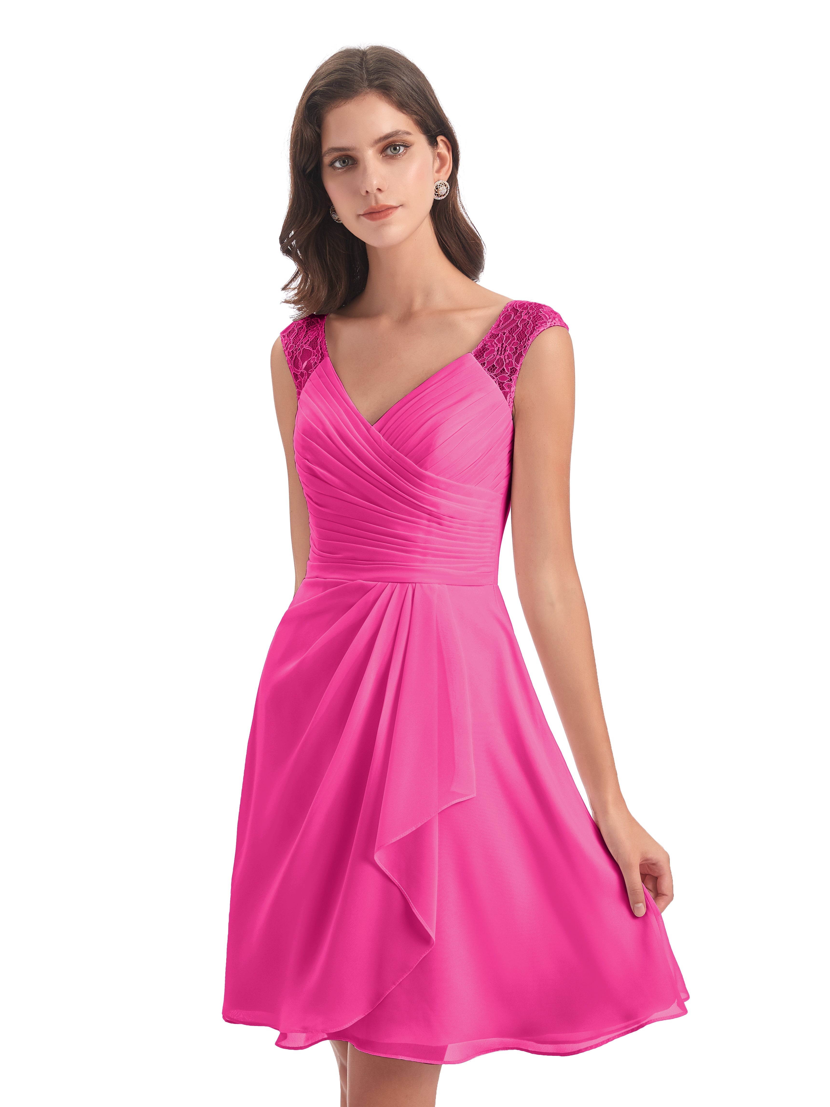 Robe Demoiselle D Honneur Rose Fuchsia Courte Dentelle/Mousseline Robes Demoiselle D'Honneur Avec Plissé