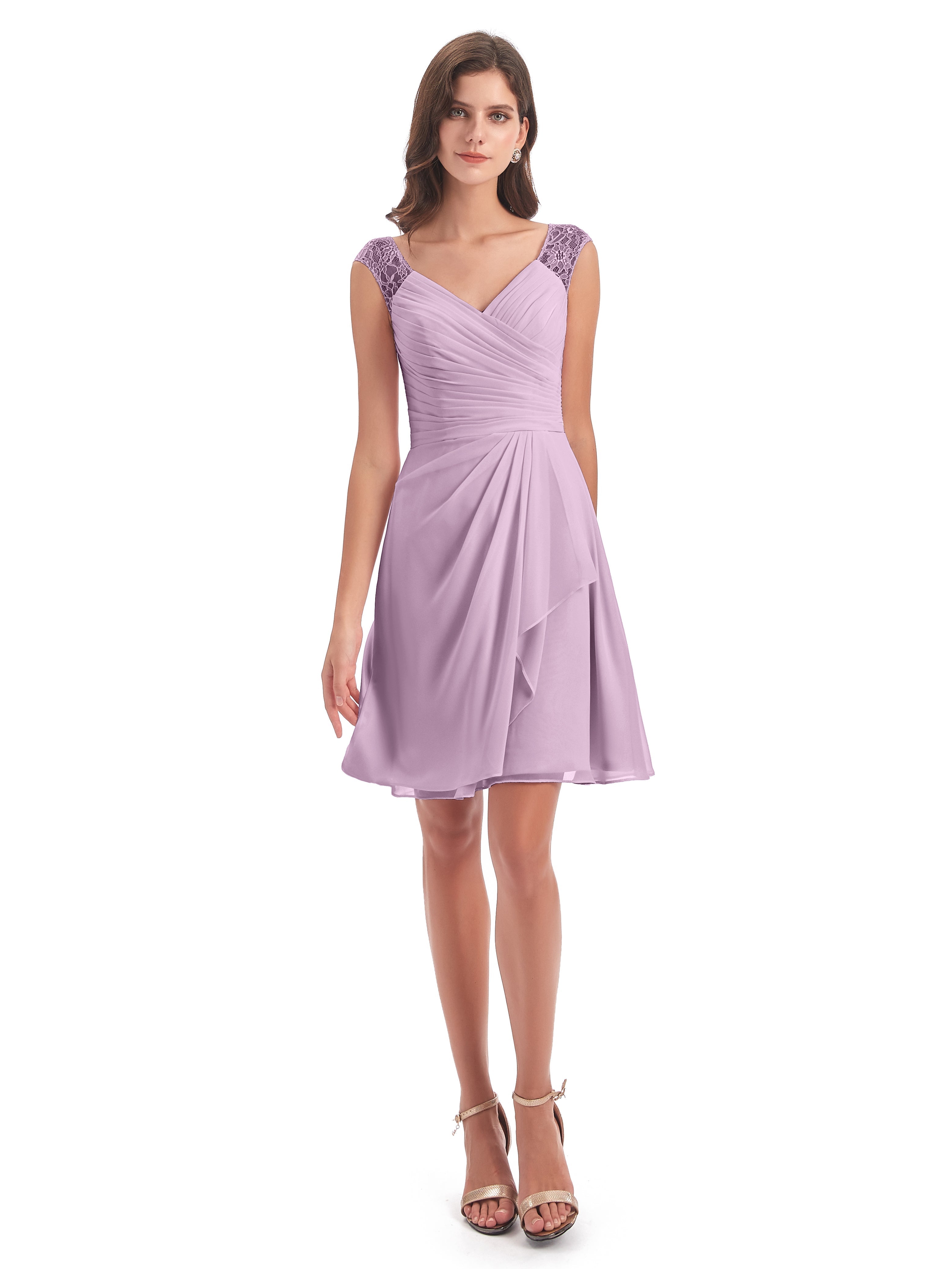 Robes De Demoiselle D'Honneur Glycine Courte Dentelle/Mousseline Robes Demoiselle D'Honneur Avec Plissé