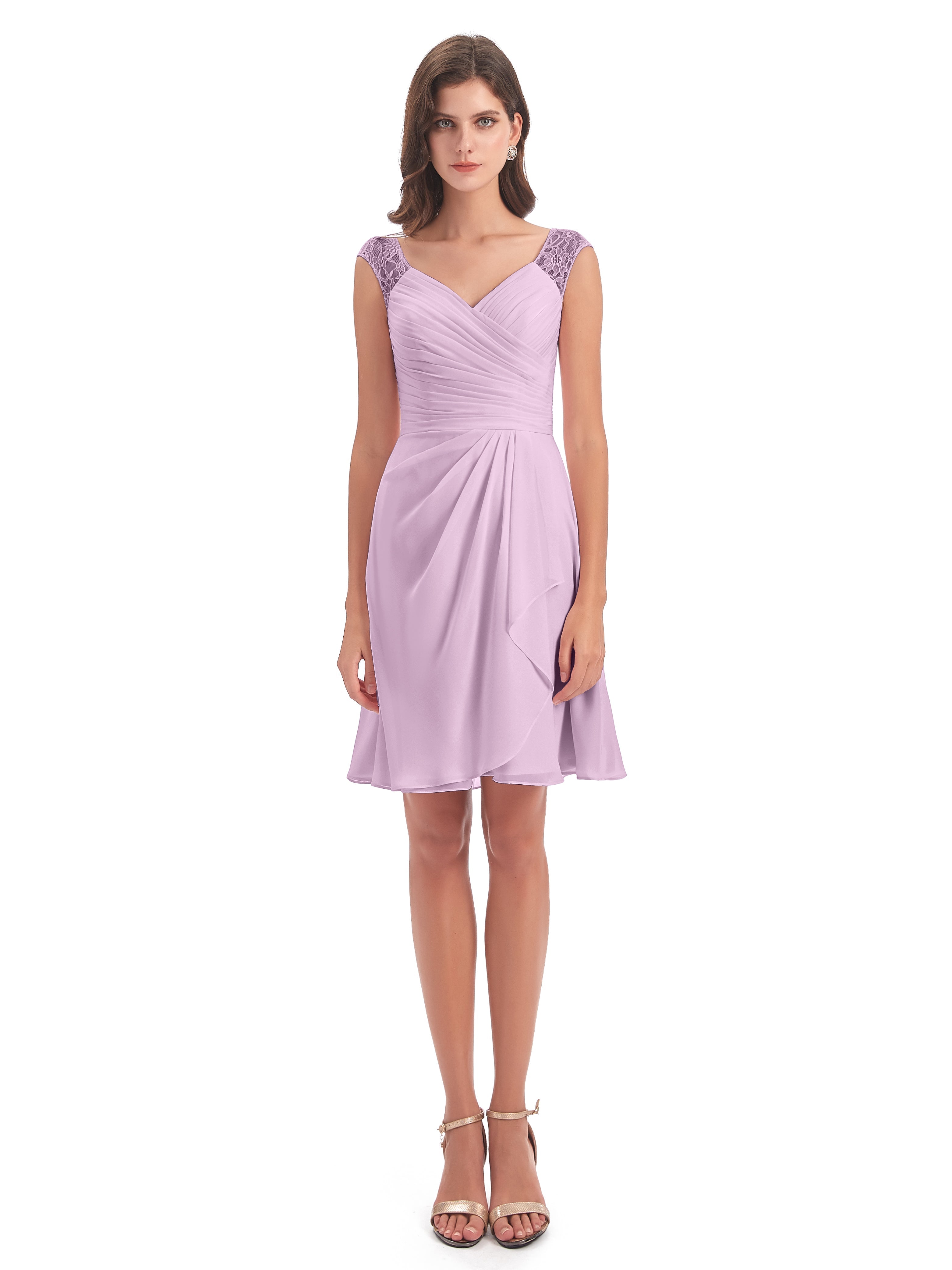 Robes De Demoiselle D'Honneur Glycine Courte Dentelle/Mousseline Robes Demoiselle D'Honneur Avec Plissé