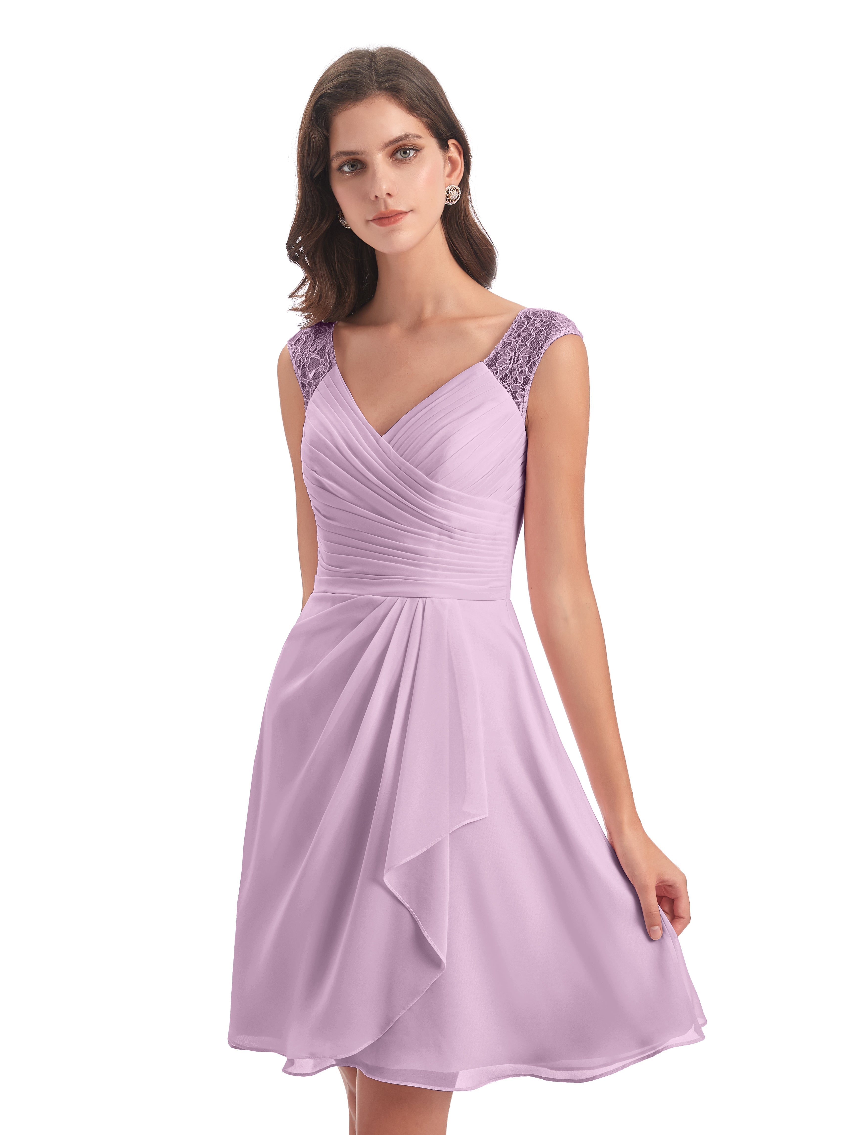 Robes De Demoiselle D'Honneur Glycine Courte Dentelle/Mousseline Robes Demoiselle D'Honneur Avec Plissé