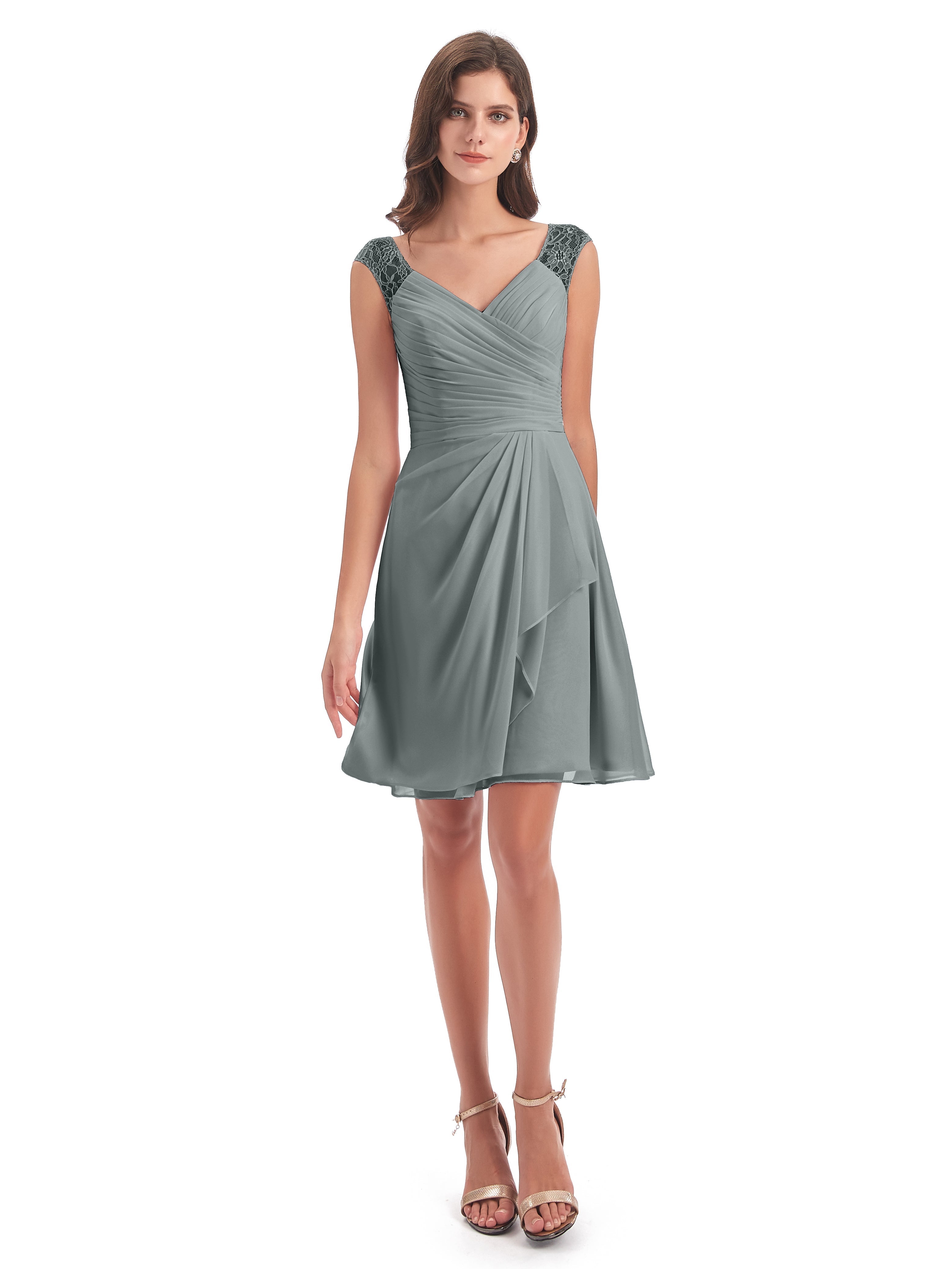 Demoiselle D Honneur Robe Grise Courte Dentelle/Mousseline Robes Demoiselle D'Honneur Avec Plissé