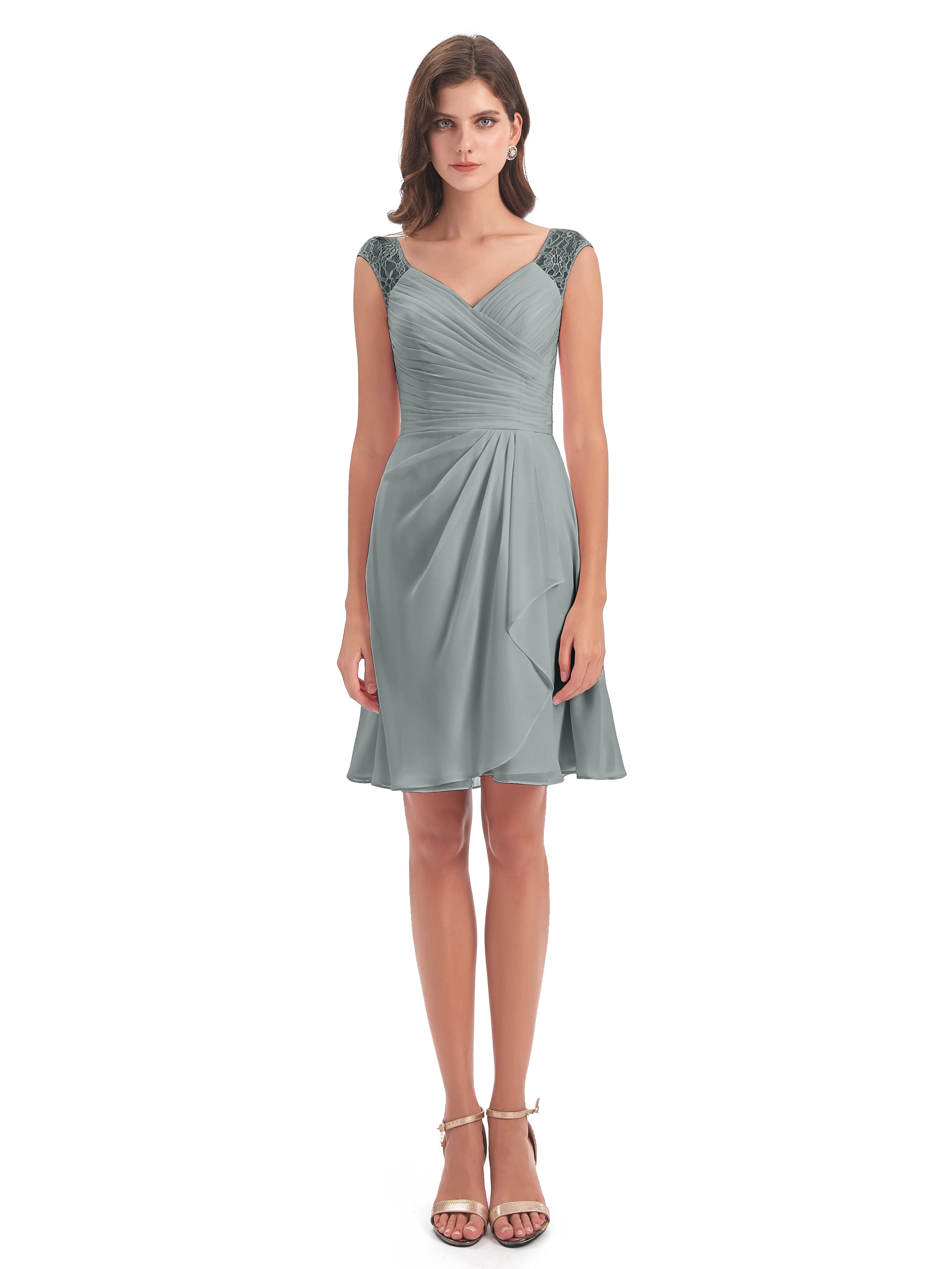 Demoiselle D Honneur Robe Grise Courte Dentelle/Mousseline Robes Demoiselle D'Honneur Avec Plissé
