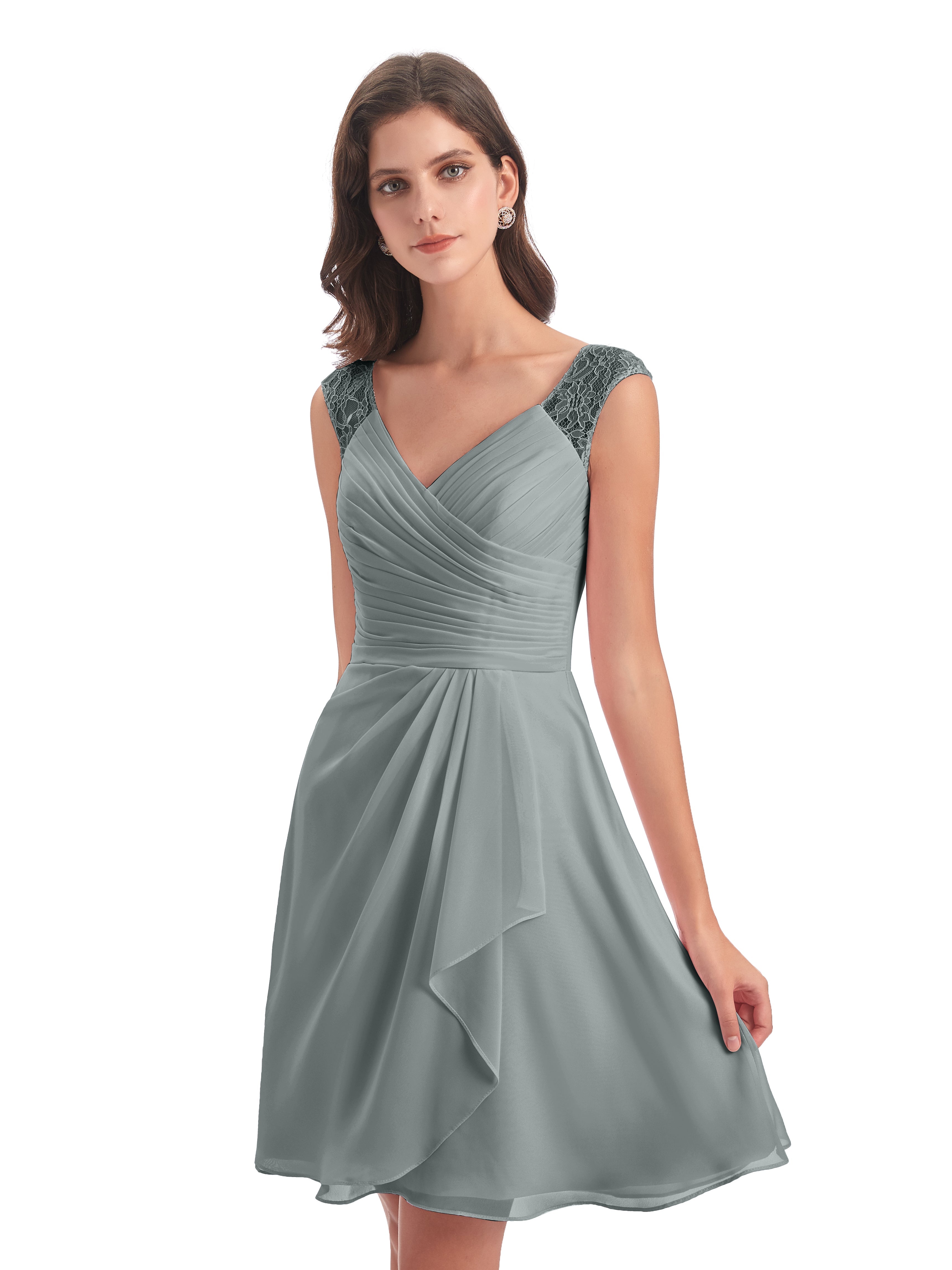 Demoiselle D Honneur Robe Grise Courte Dentelle/Mousseline Robes Demoiselle D'Honneur Avec Plissé