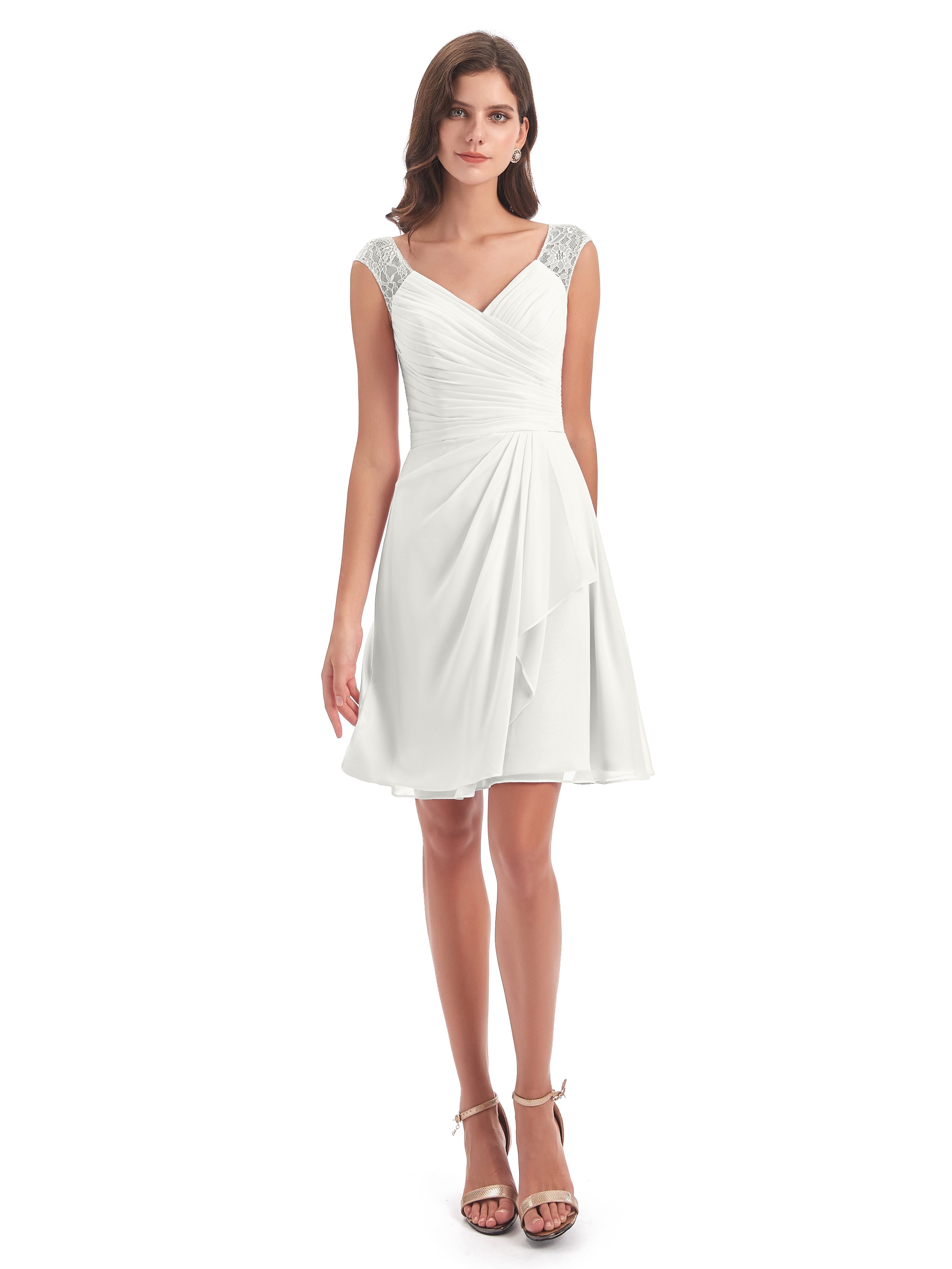 Robe Ivoire Demoiselle D Honneur Courte Dentelle/Mousseline Robes Demoiselle D'Honneur Avec Plissé