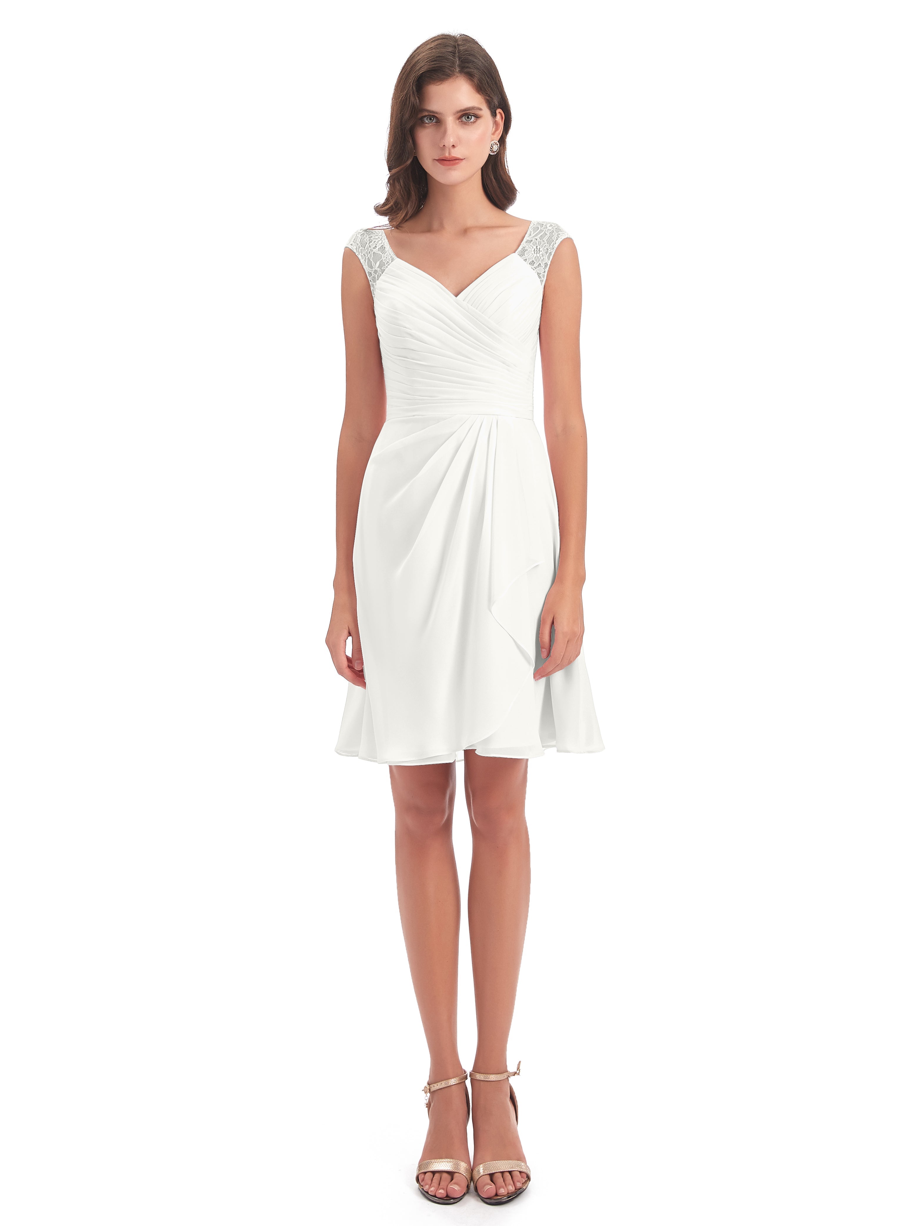 Robe Ivoire Demoiselle D Honneur Courte Dentelle/Mousseline Robes Demoiselle D'Honneur Avec Plissé