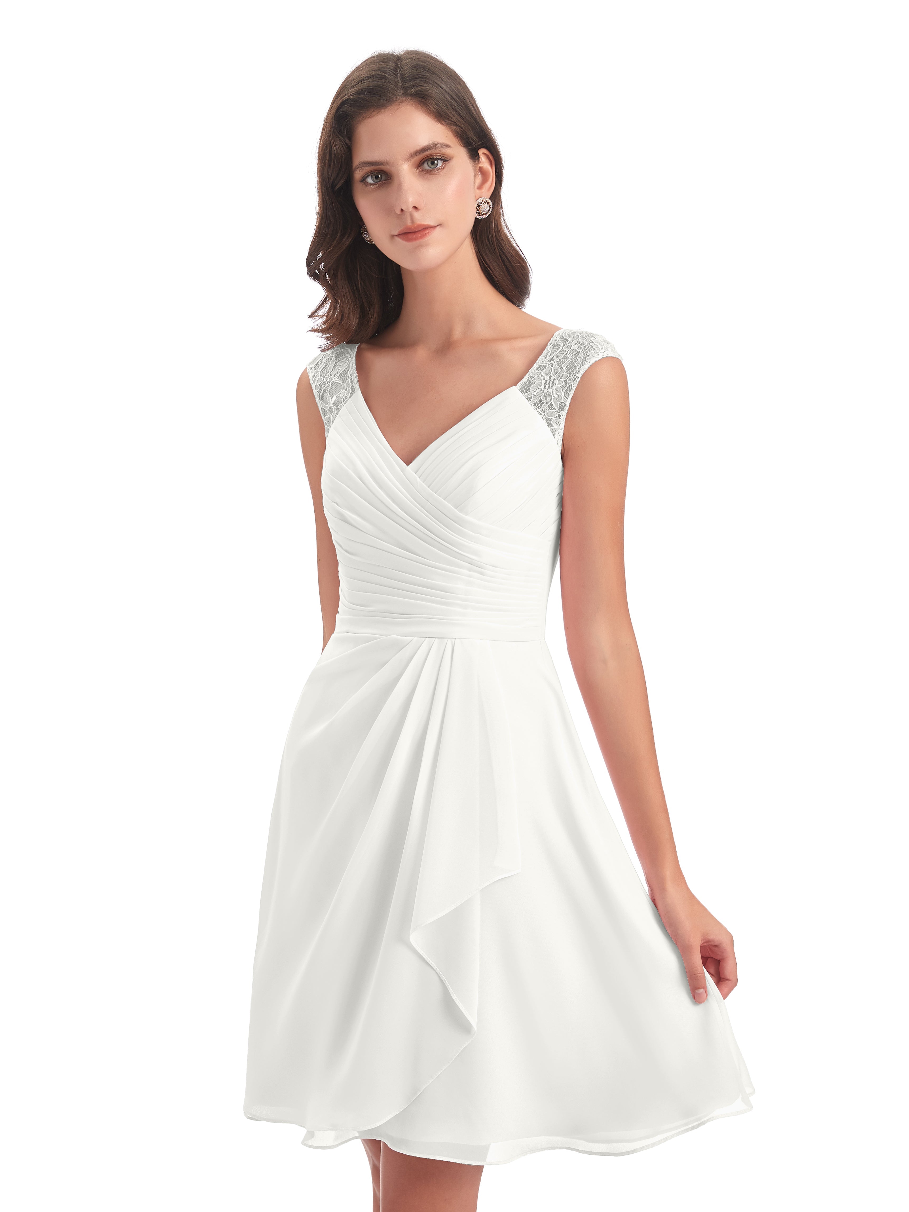 Robe Ivoire Demoiselle D Honneur Courte Dentelle/Mousseline Robes Demoiselle D'Honneur Avec Plissé