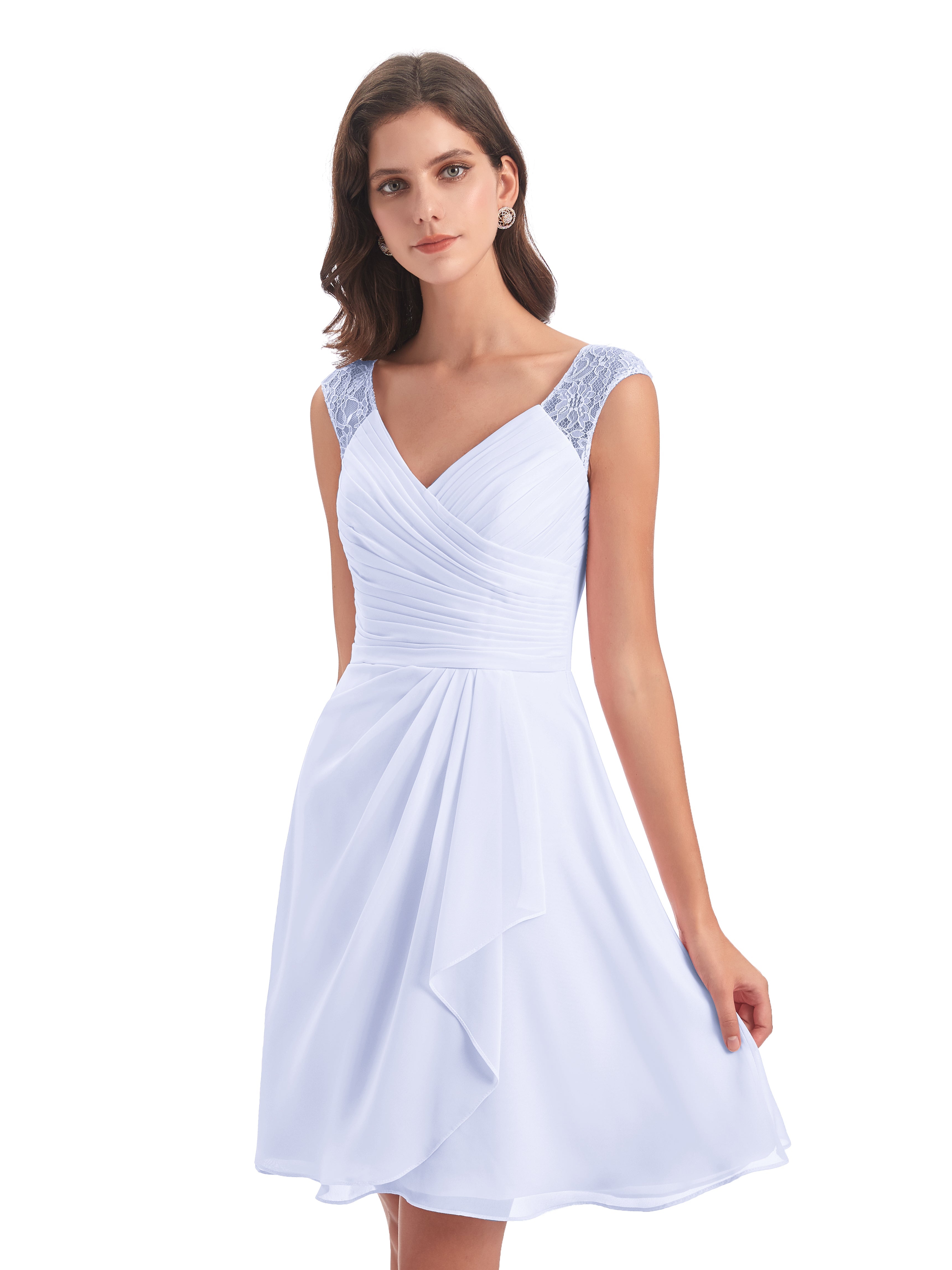 Robe De Demoiselle D'Honneur Lavande Courte Dentelle/Mousseline Robes Demoiselle D'Honneur Avec Plissé