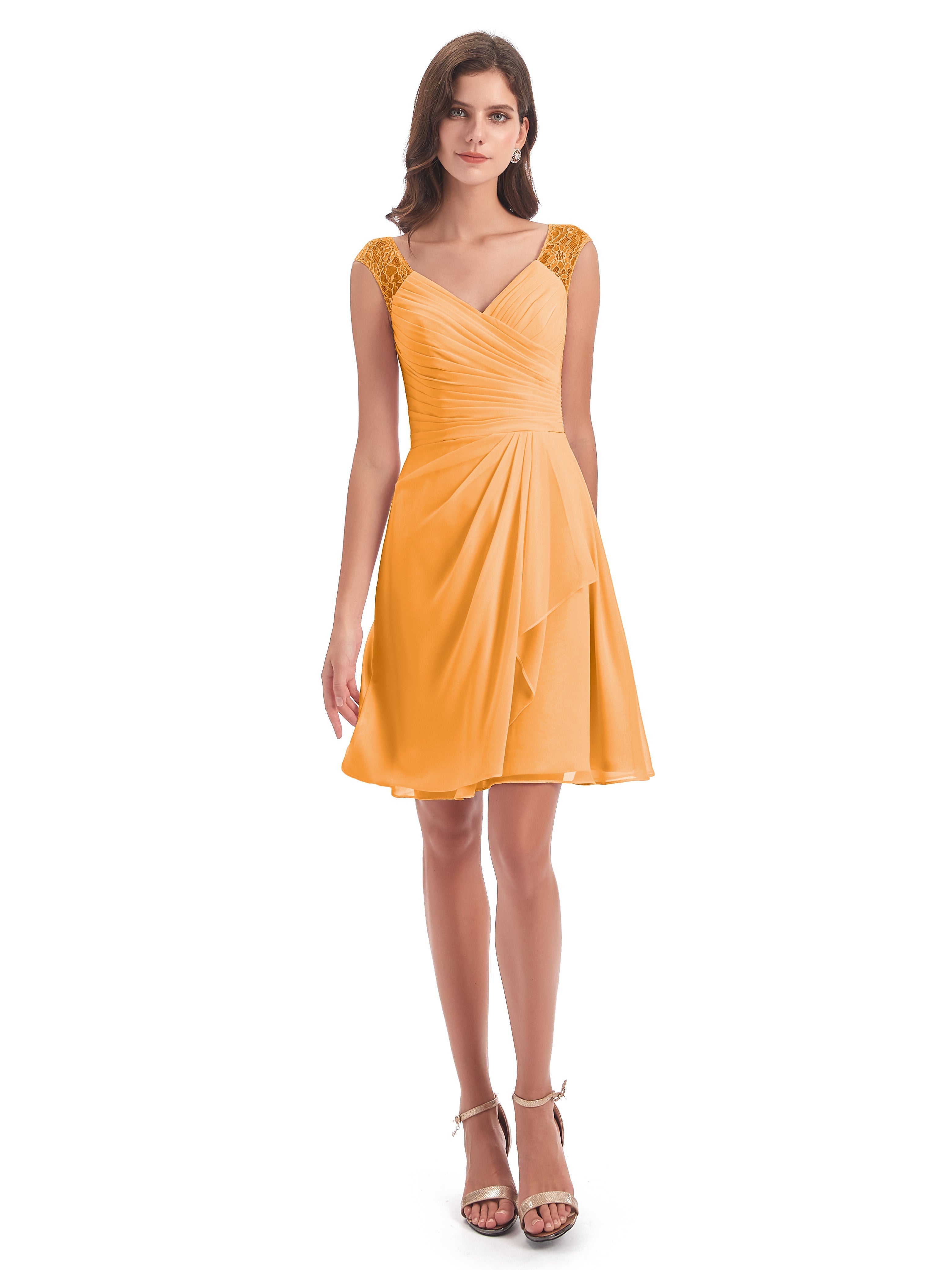 Robes De Demoiselle D'Honneur Mandarine Courte Dentelle/Mousseline Robes Demoiselle D'Honneur Avec Plissé