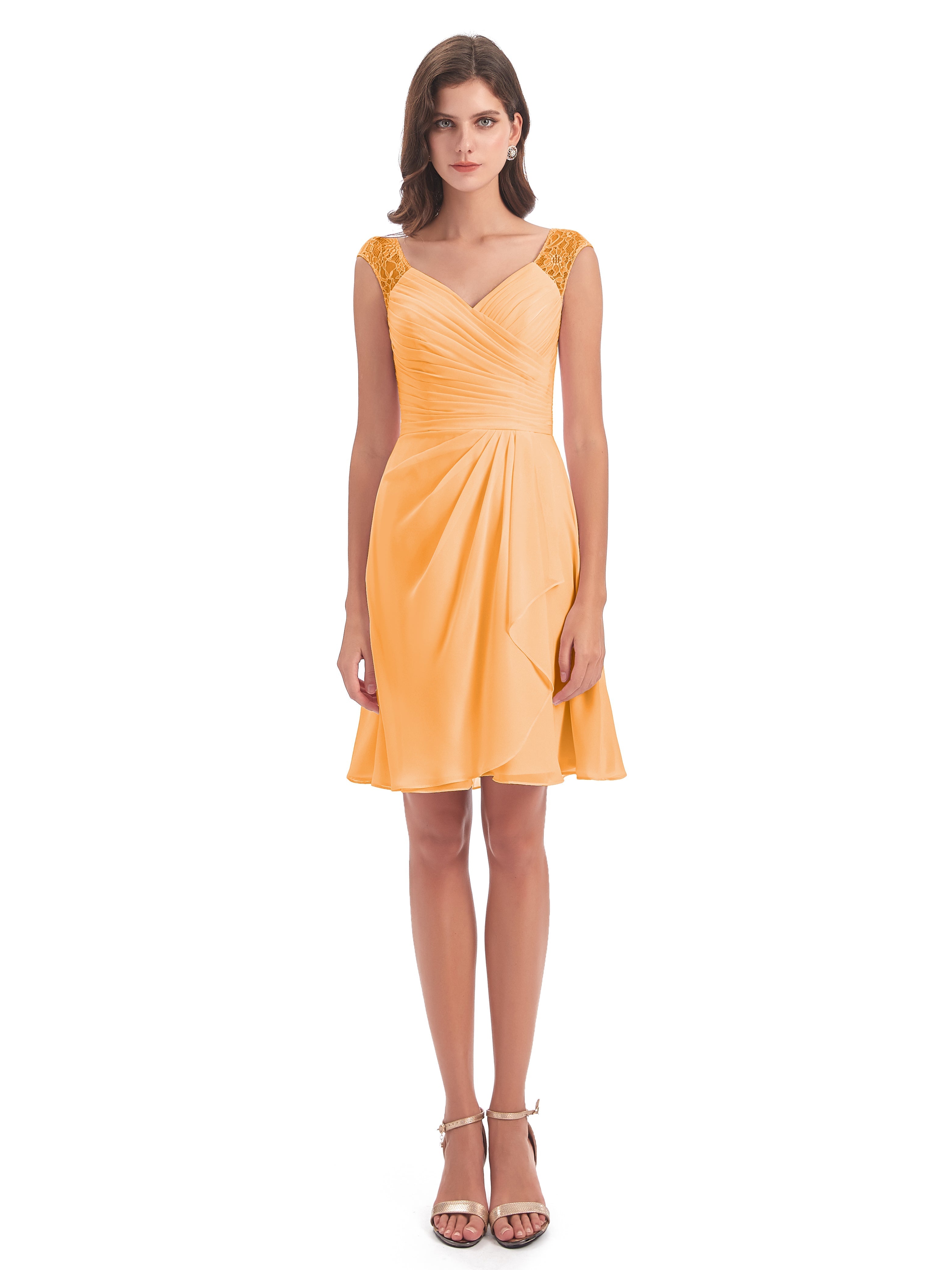 Robes De Demoiselle D'Honneur Mandarine Courte Dentelle/Mousseline Robes Demoiselle D'Honneur Avec Plissé