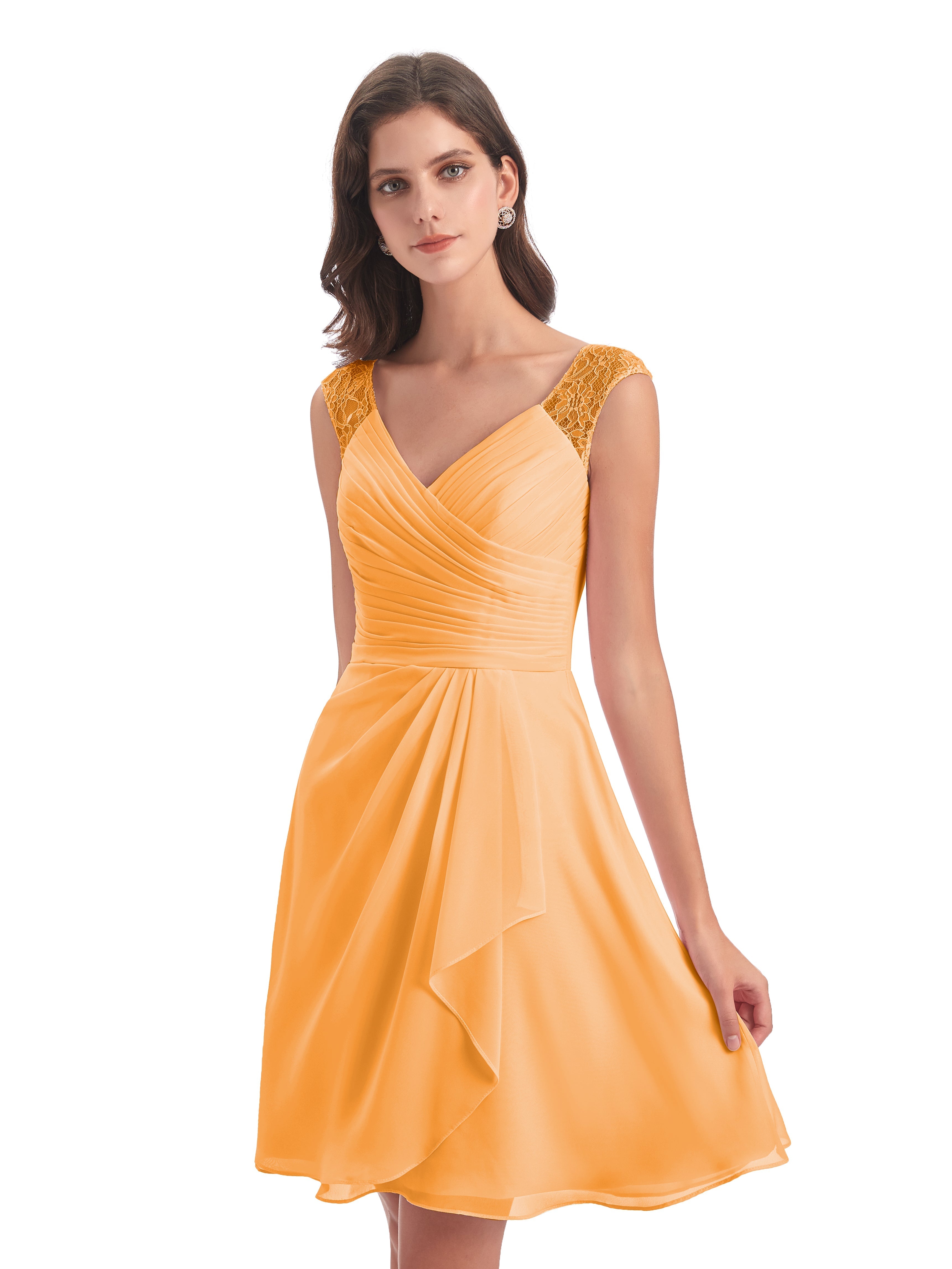 Robes De Demoiselle D'Honneur Mandarine Courte Dentelle/Mousseline Robes Demoiselle D'Honneur Avec Plissé