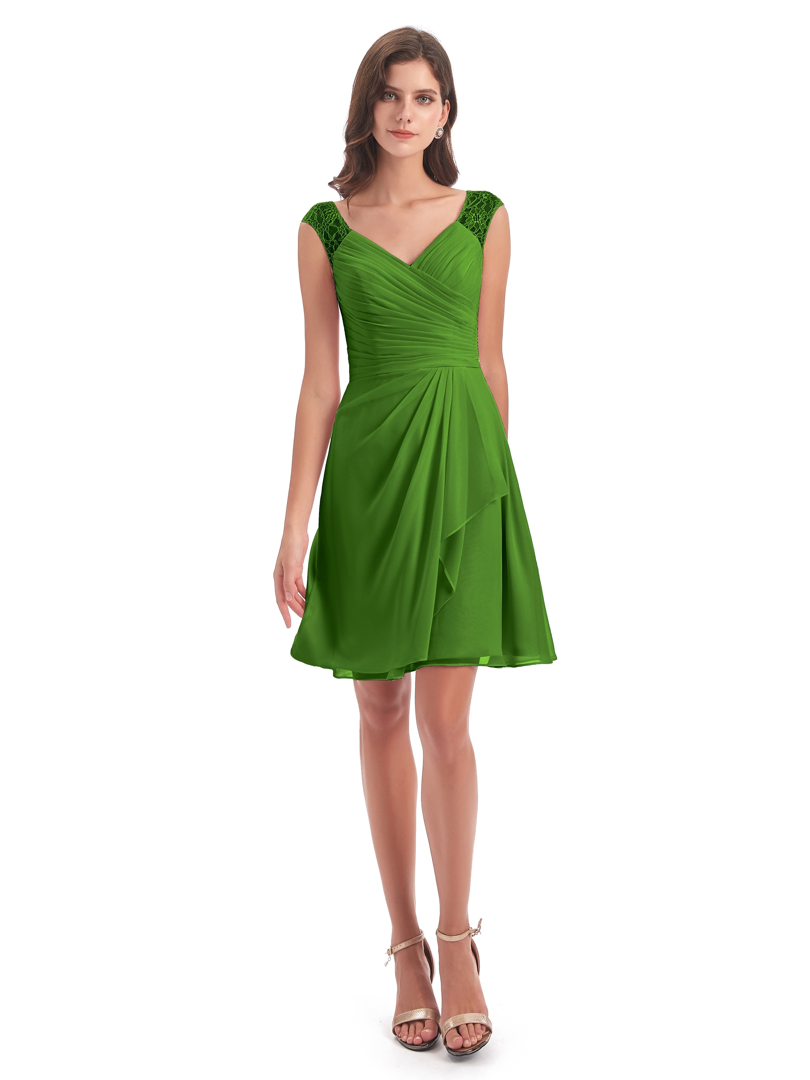 Robes De Demoiselle D'Honneur Vert Mousse Courte Dentelle/Mousseline Robes Demoiselle D'Honneur Avec Plissé