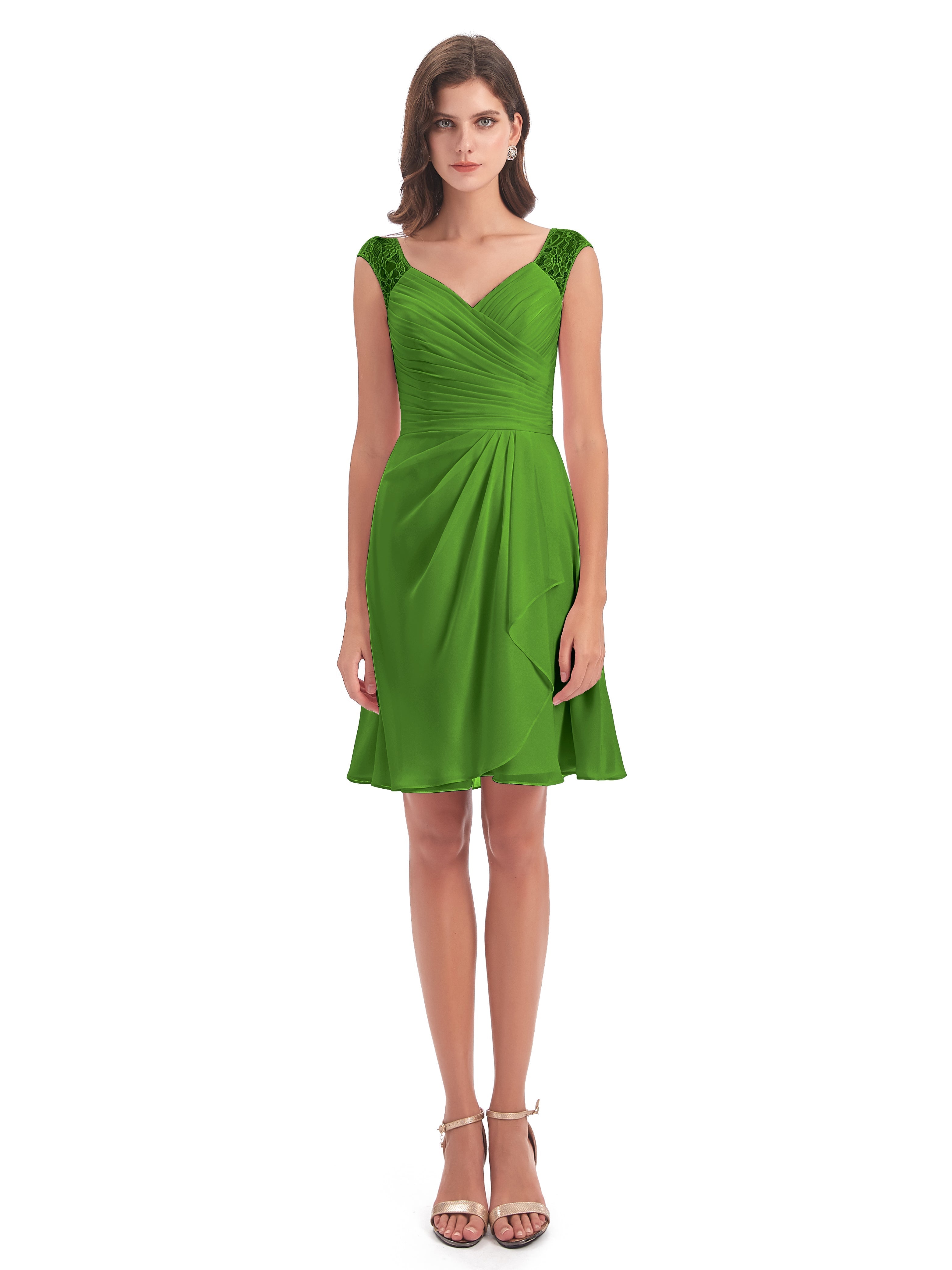 Robes De Demoiselle D'Honneur Vert Mousse Courte Dentelle/Mousseline Robes Demoiselle D'Honneur Avec Plissé