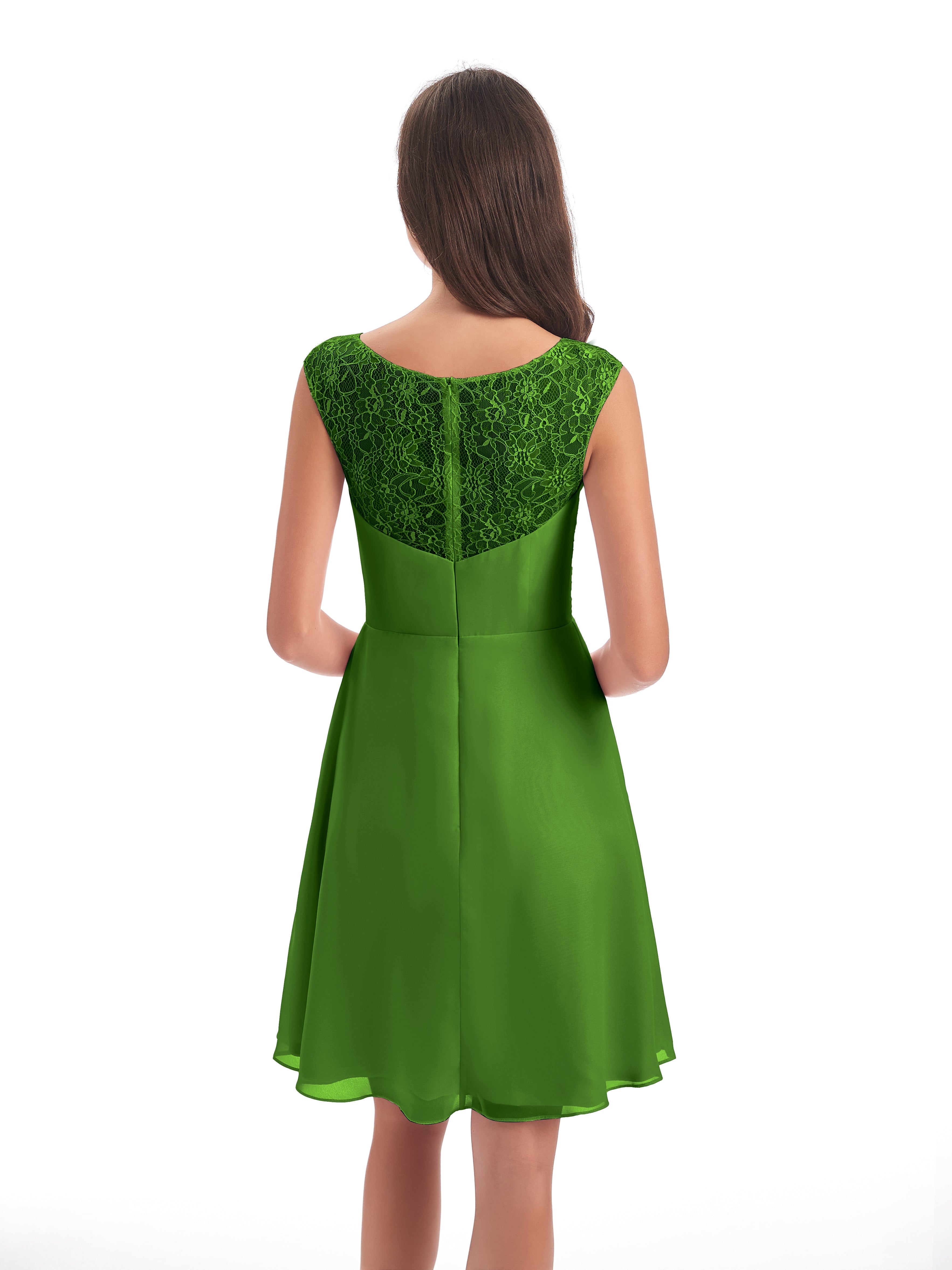 Robes De Demoiselle D'Honneur Vert Mousse Courte Dentelle/Mousseline Robes Demoiselle D'Honneur Avec Plissé