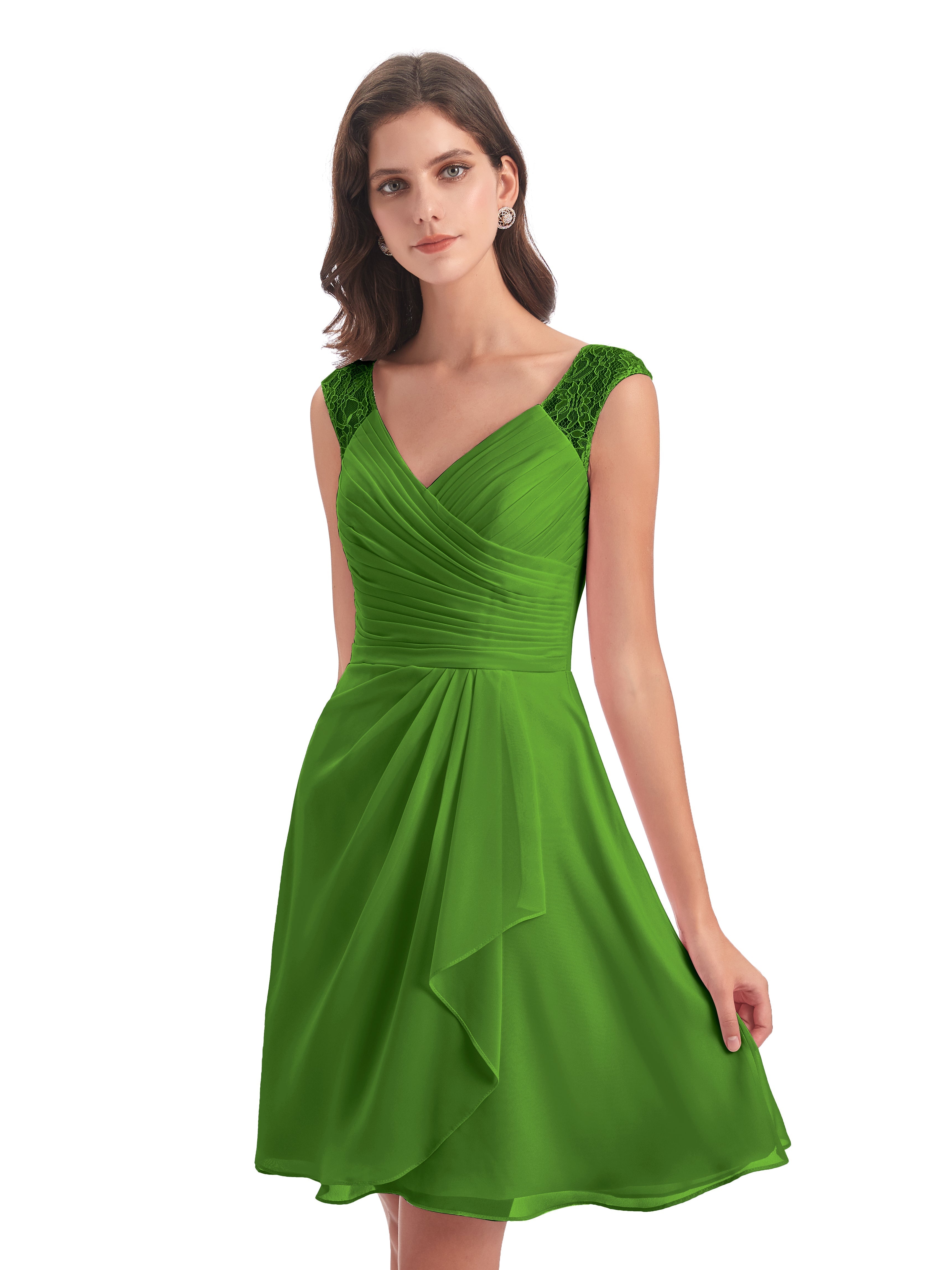 Robes De Demoiselle D'Honneur Vert Mousse Courte Dentelle/Mousseline Robes Demoiselle D'Honneur Avec Plissé