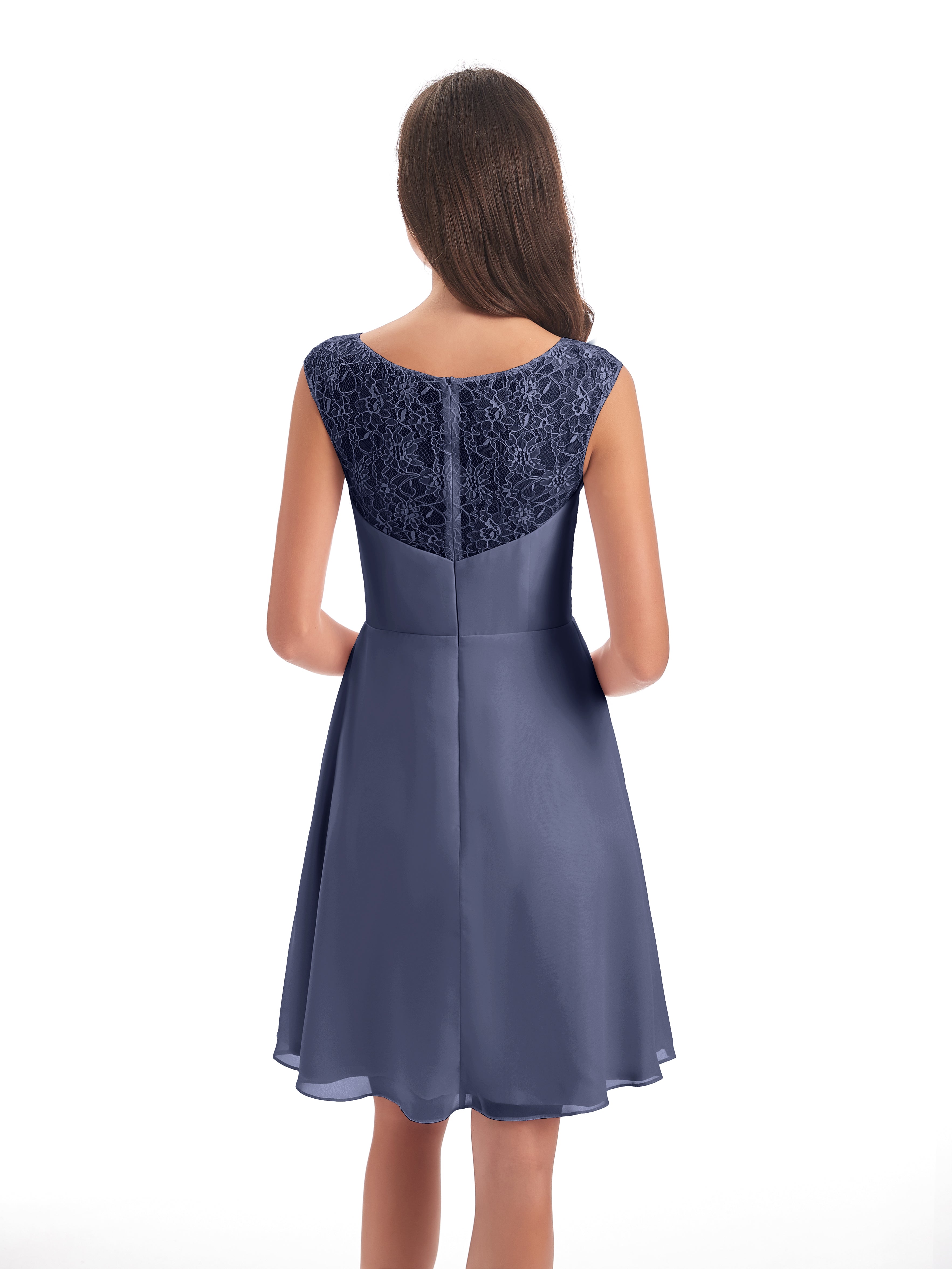 Robes De Demoiselle D'Honneur Bleu Orageux Courte Dentelle/Mousseline Robes Demoiselle D'Honneur Avec Plissé