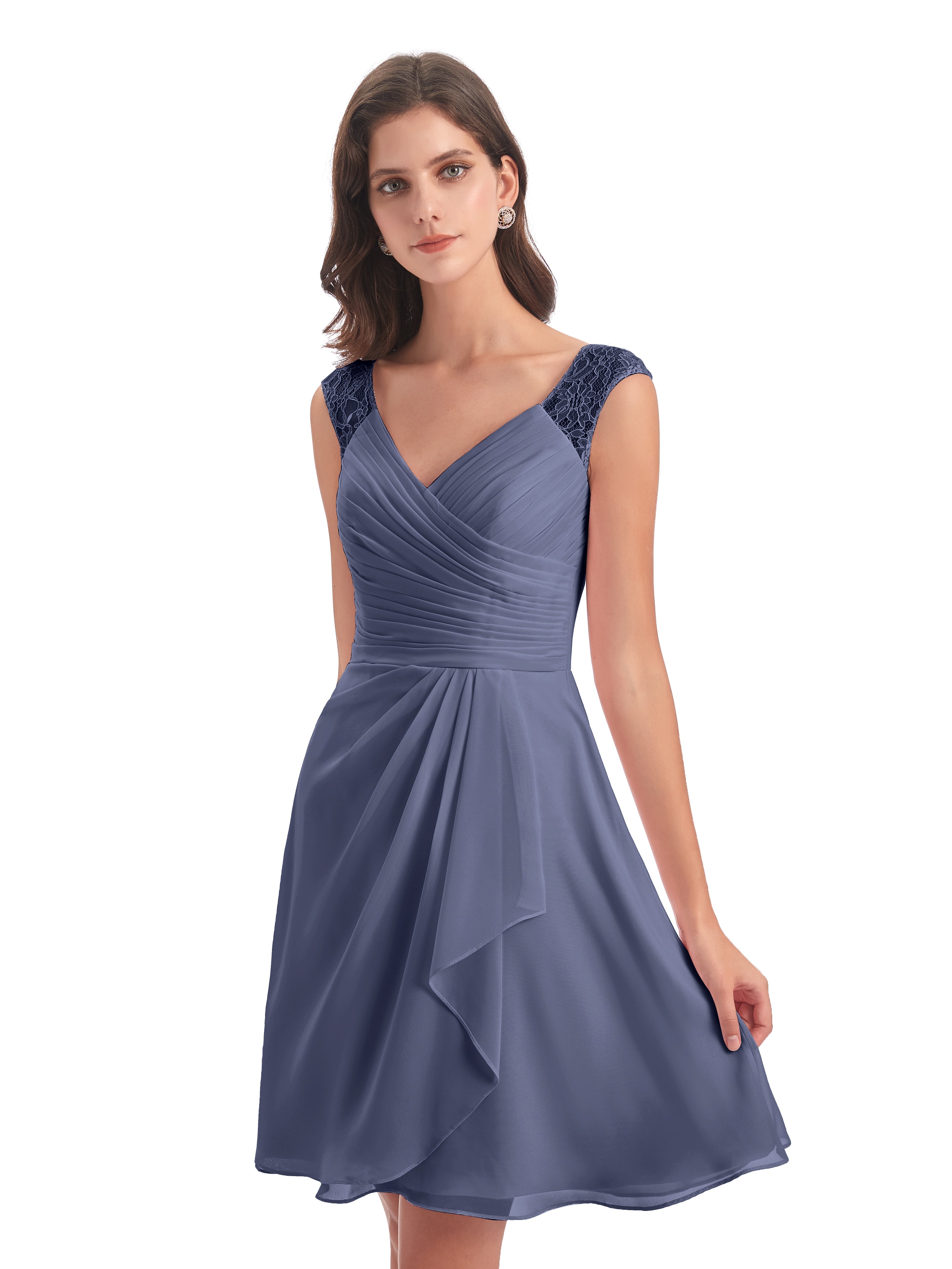Robes De Demoiselle D'Honneur Bleu Orageux Courte Dentelle/Mousseline Robes Demoiselle D'Honneur Avec Plissé