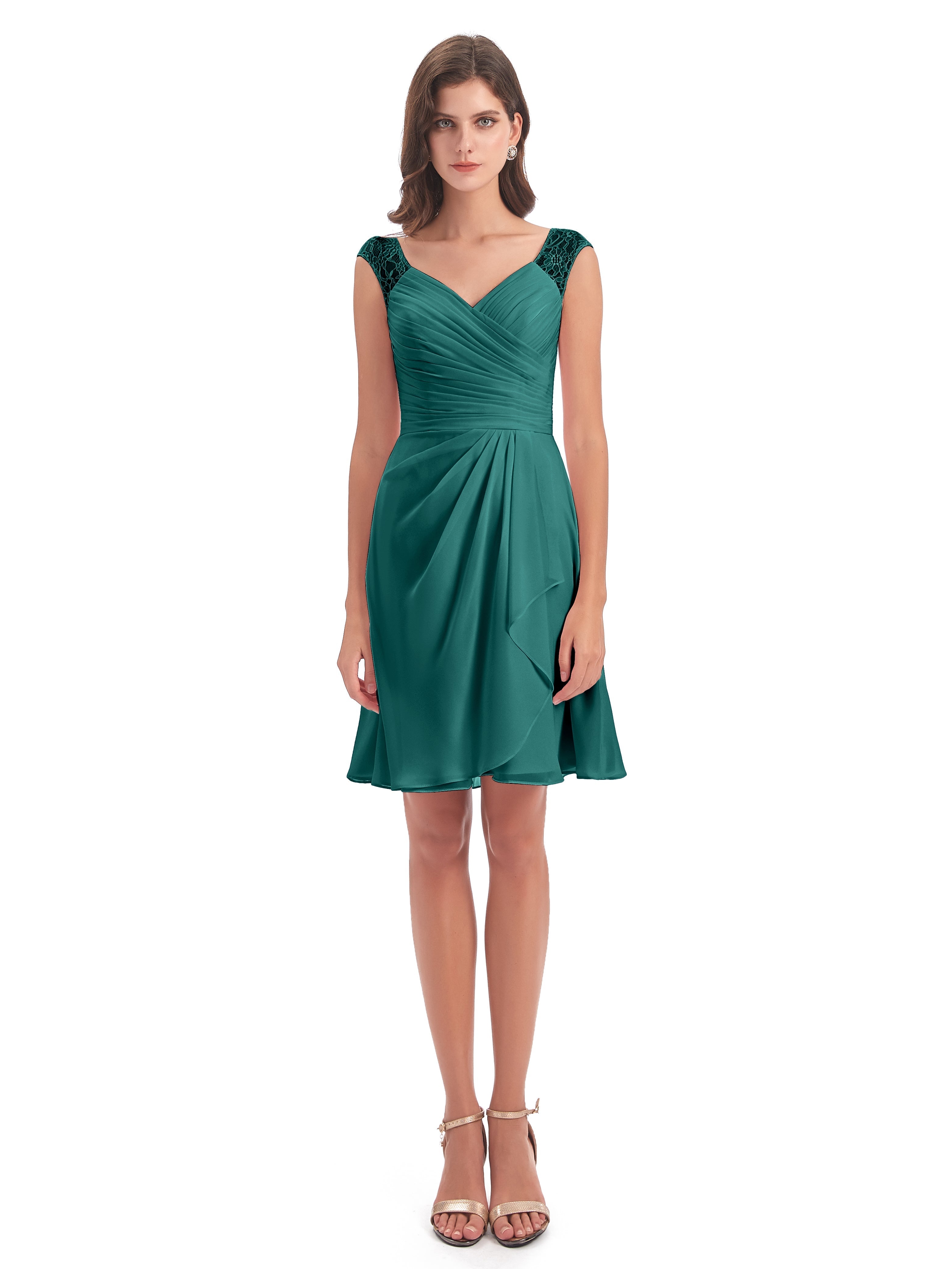 Robes De Demoiselle D'Honneur De Paon Courte Dentelle/Mousseline Robes Demoiselle D'Honneur Avec Plissé