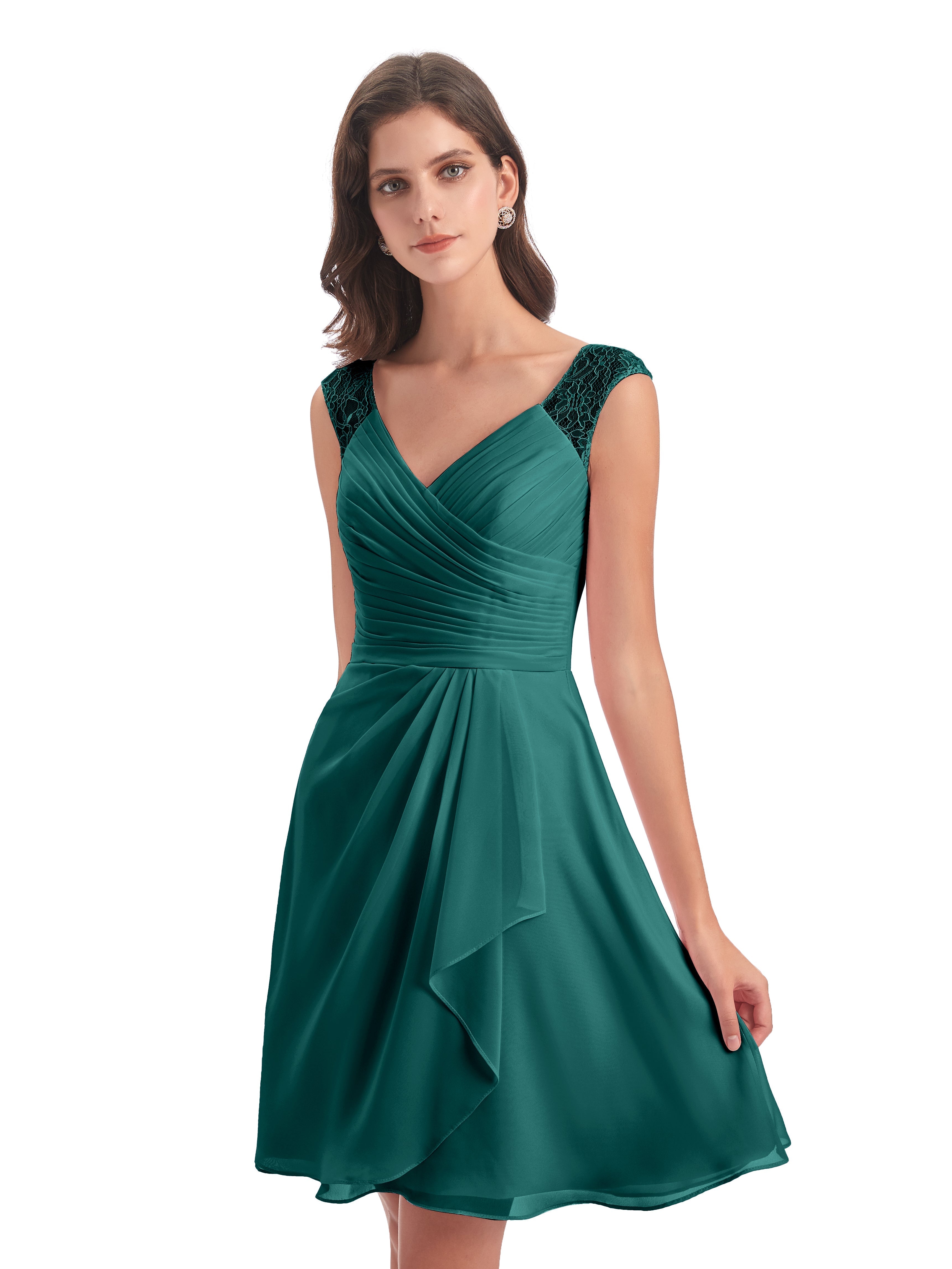 Robes De Demoiselle D'Honneur De Paon Courte Dentelle/Mousseline Robes Demoiselle D'Honneur Avec Plissé