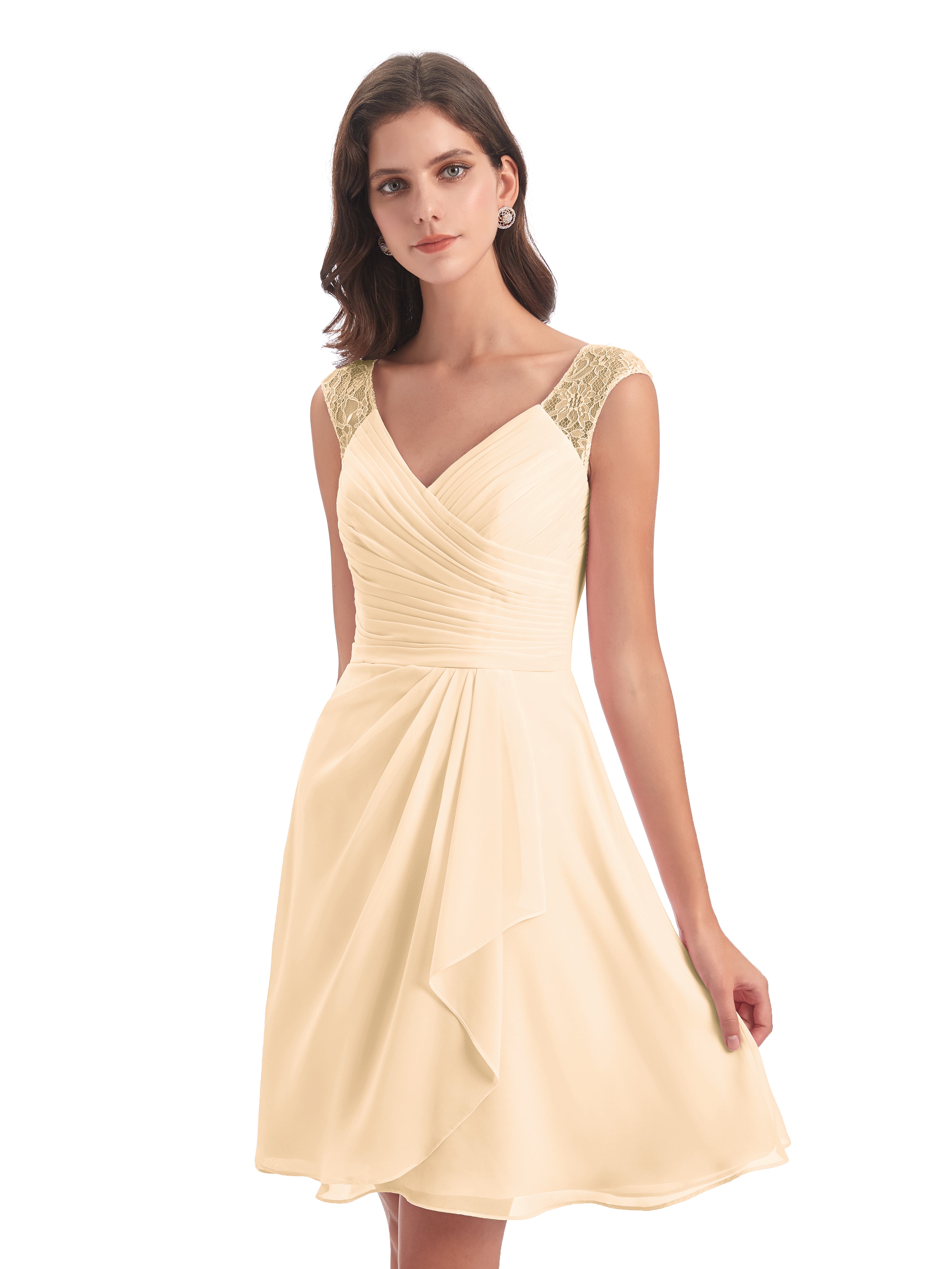 Robe De Demoiselle D Honneur Peche Courte Dentelle/Mousseline Robes Demoiselle D'Honneur Avec Plissé
