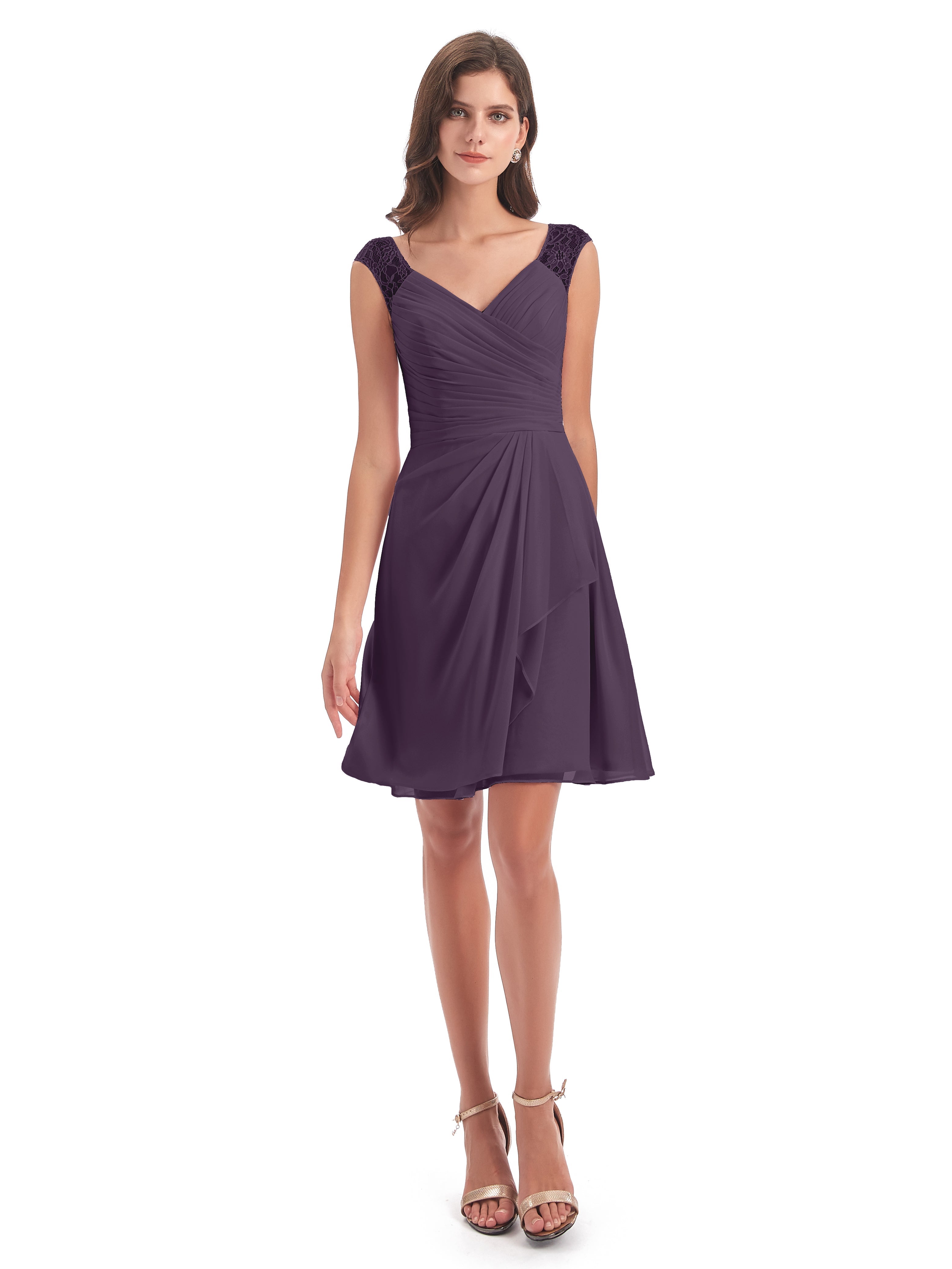 Robe De Demoiselle D'Honneur En Plum Courte Dentelle/Mousseline Robes Demoiselle D'Honneur Avec Plissé