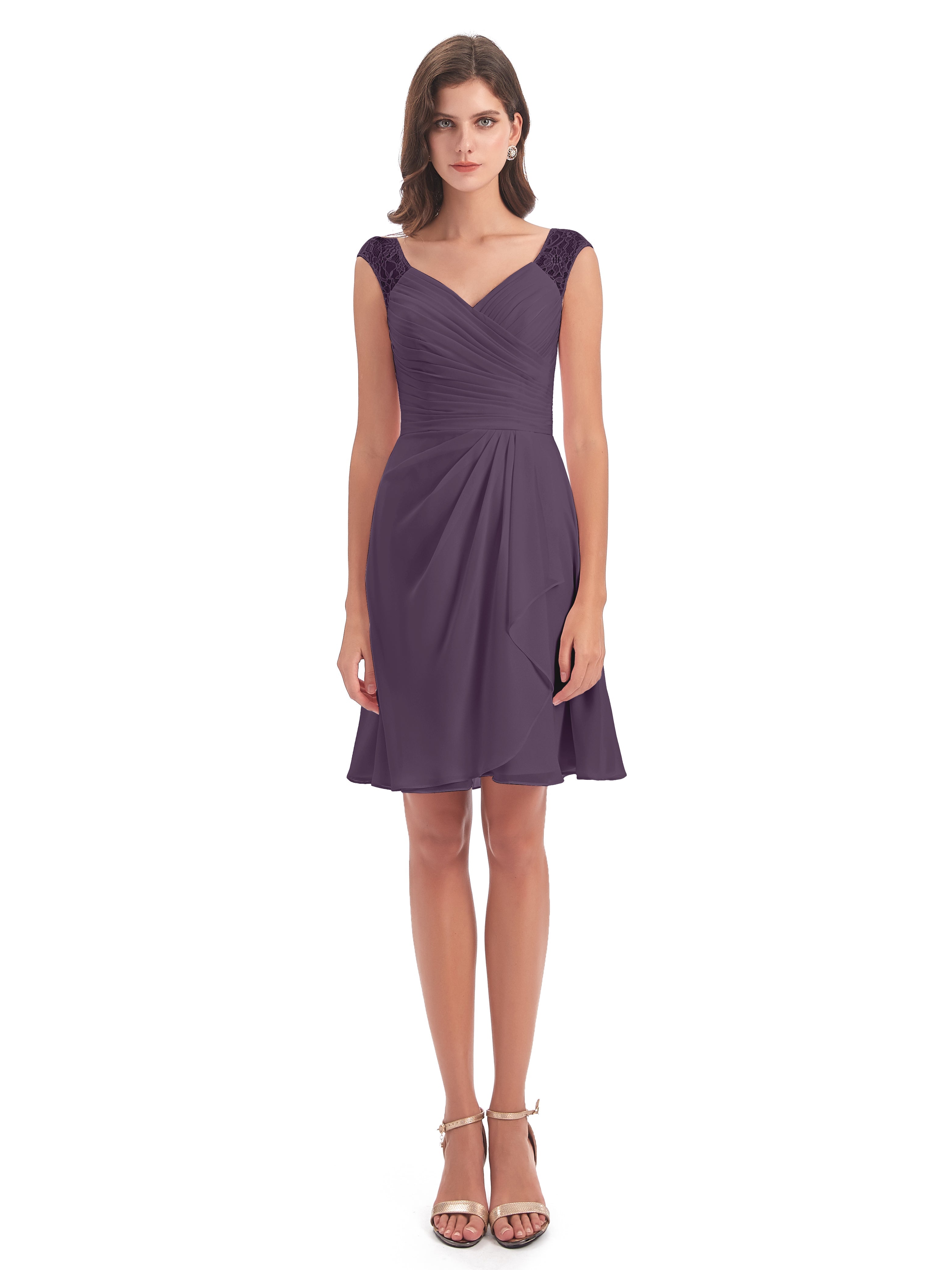 Robe De Demoiselle D'Honneur En Plum Courte Dentelle/Mousseline Robes Demoiselle D'Honneur Avec Plissé