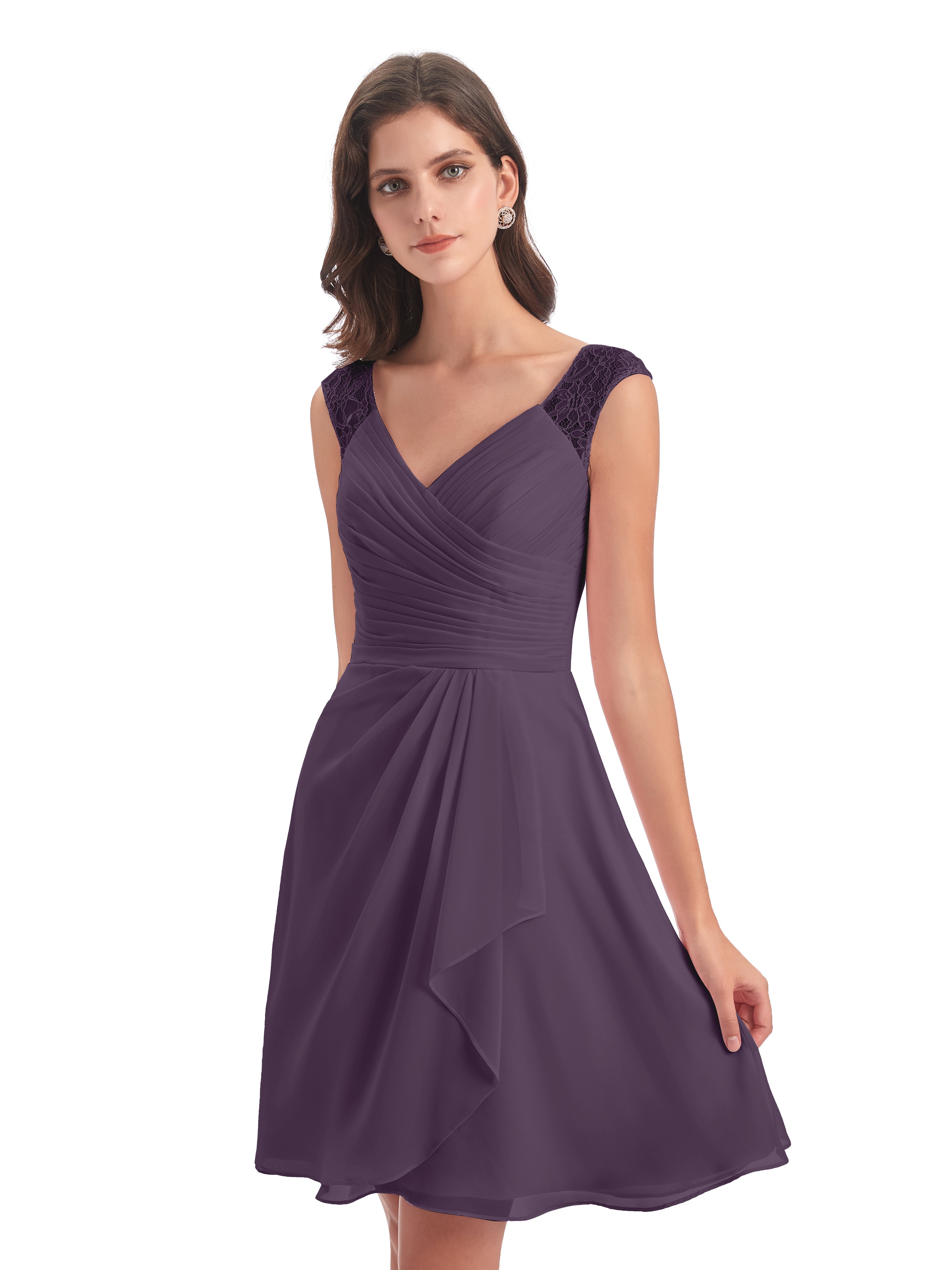 Robe De Demoiselle D'Honneur En Plum Courte Dentelle/Mousseline Robes Demoiselle D'Honneur Avec Plissé